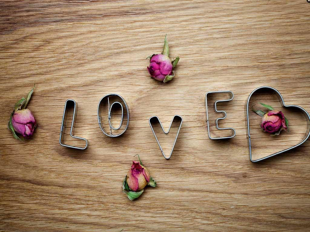 LOVE, dried pink roses, warm wooden surface, SD Desktop Wallpaper