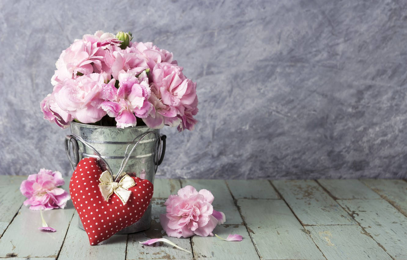 romantic love flowers, carnations, rustic metal bucket, HD Desktop Wallpaper