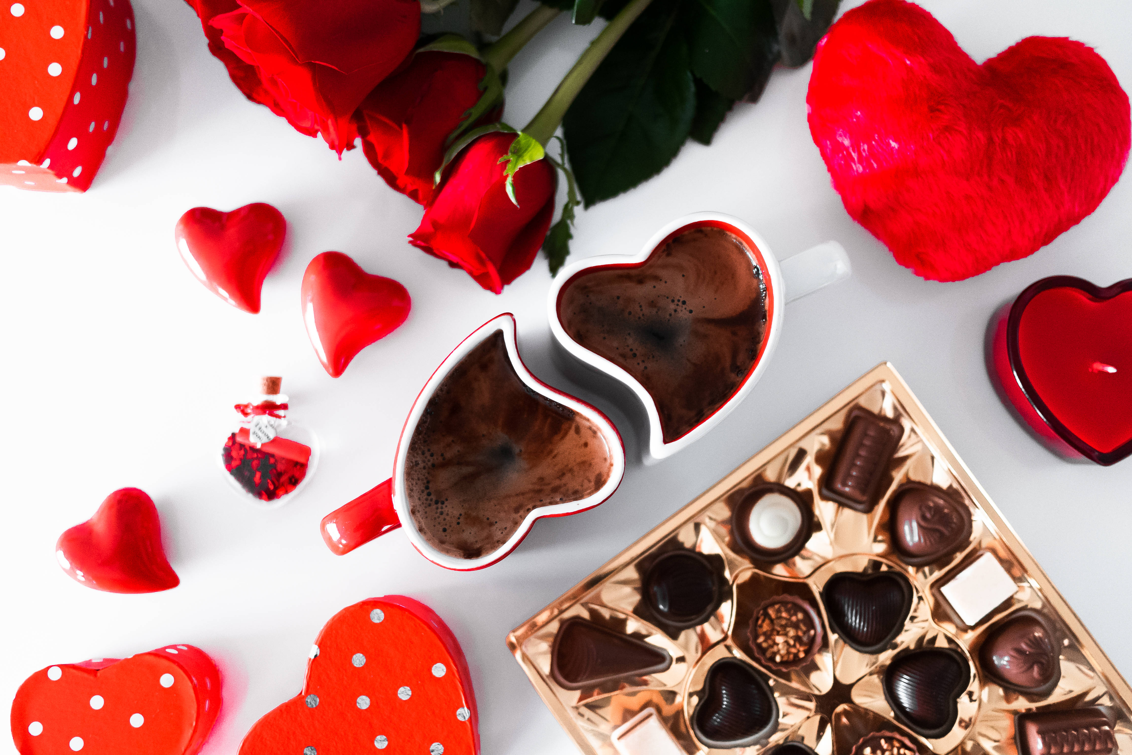 red roses, heart-shaped mugs, chocolate truffles, 4K Desktop Wallpaper