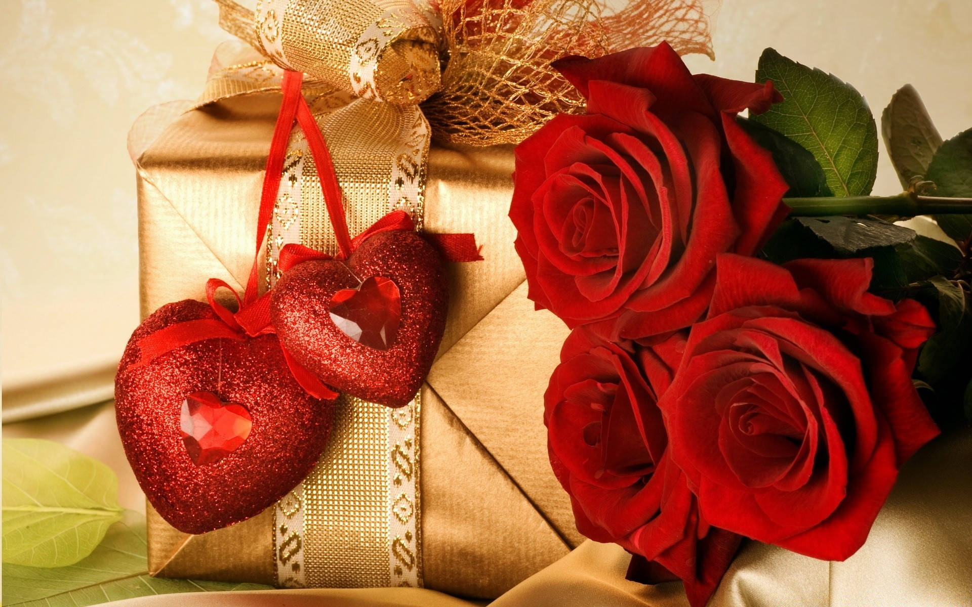 golden gift box, red glitter hearts, red ribbon, Full HD Desktop Wallpaper