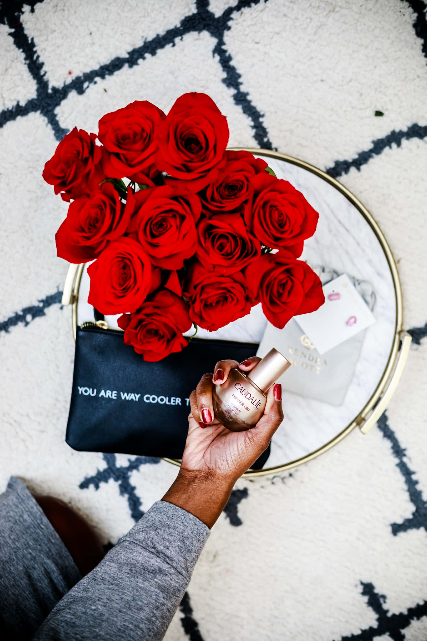 gold bottle, black pouch, vivid red roses, Full HD Phone Wallpaper