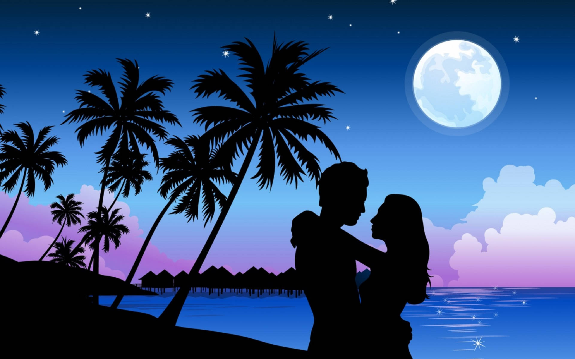 Romantic Love In Island, full moon, starry sky, Full HD Desktop Wallpaper