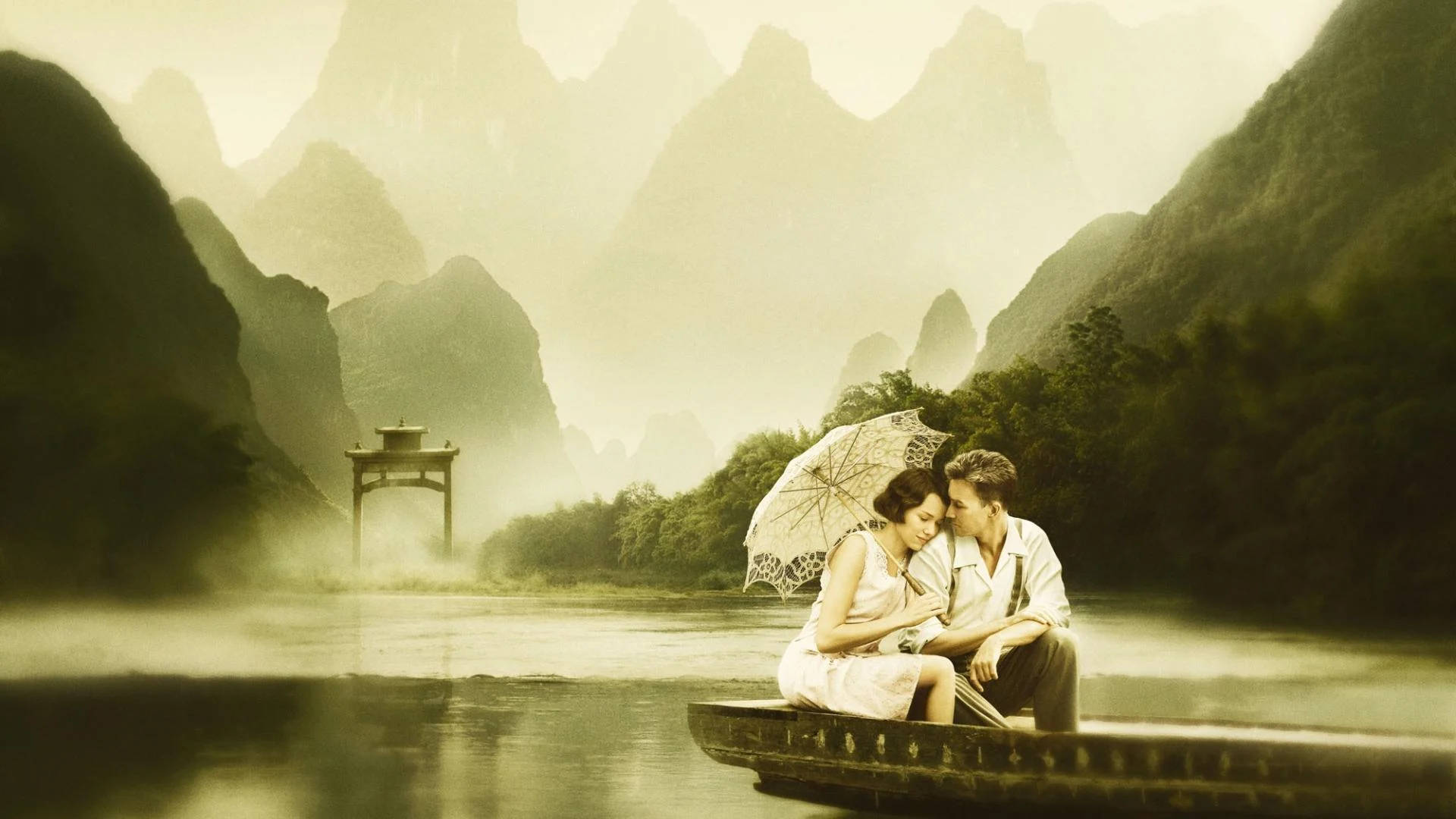 Romantic Love In A Boat, misty riverboat, umbrella, Full HD Desktop Wallpaper