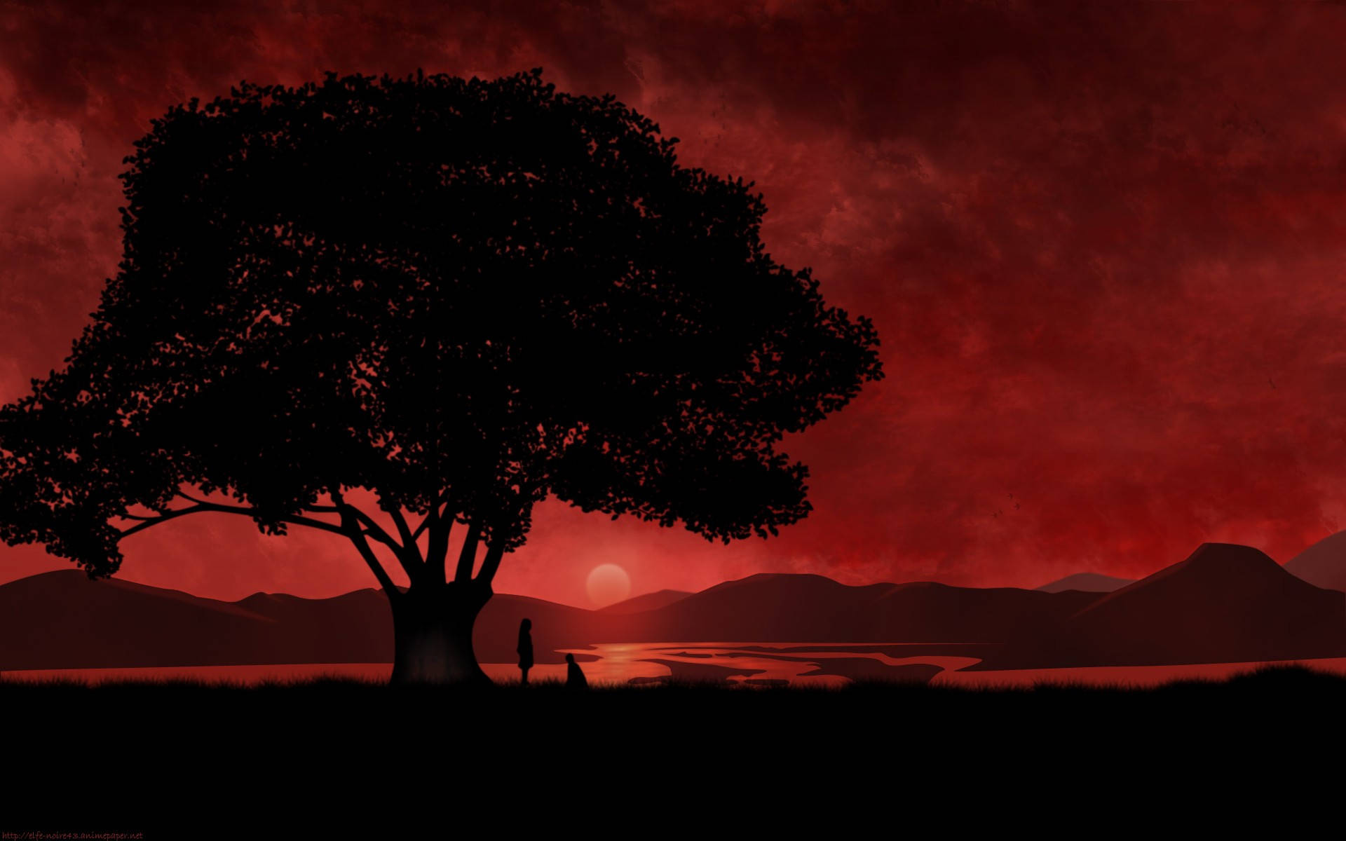blood red sunset, massive tree silhouette, distant mountains, Full HD Desktop Wallpaper