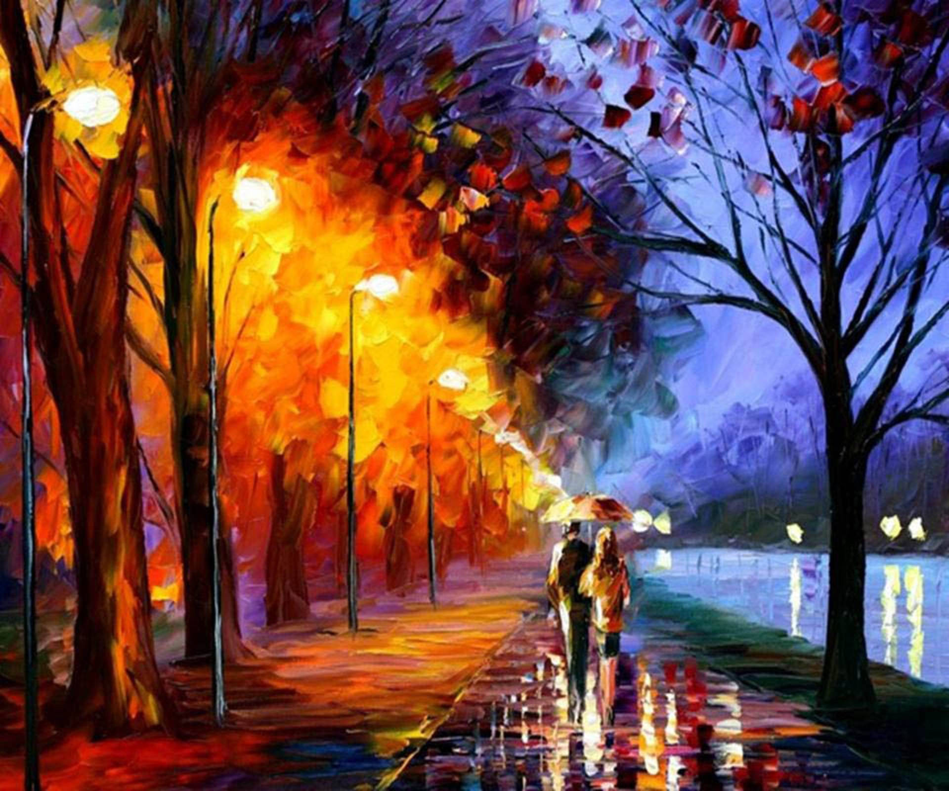 Romantic Love Painting, umbrella, wet autumnal path, Full HD Desktop Wallpaper