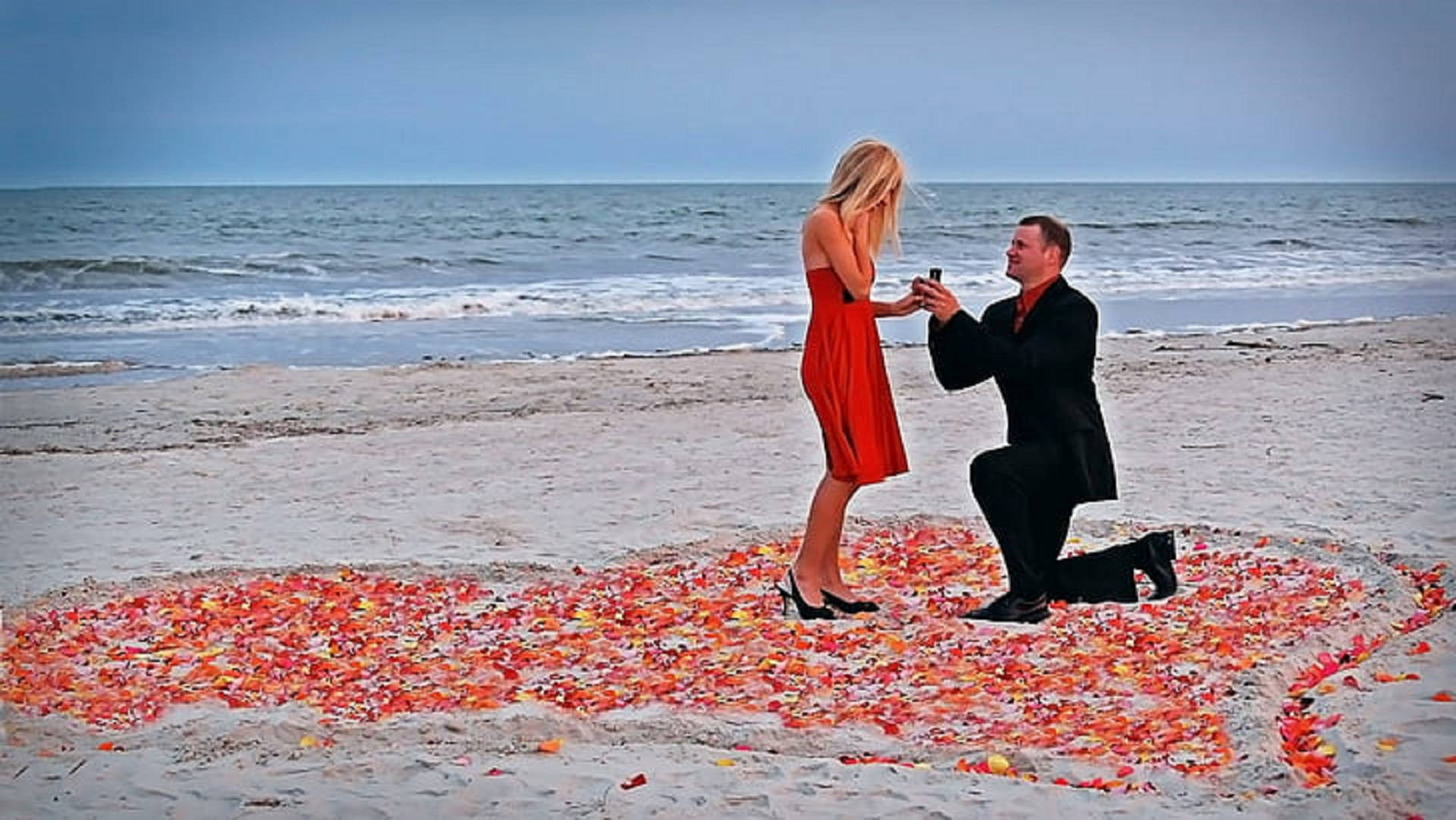 beach, heart of red and orange petals, man kneels, Full HD Desktop Wallpaper