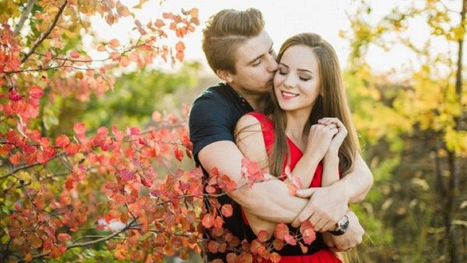 couple, forest, autumn leaves, Full HD Desktop Wallpaper