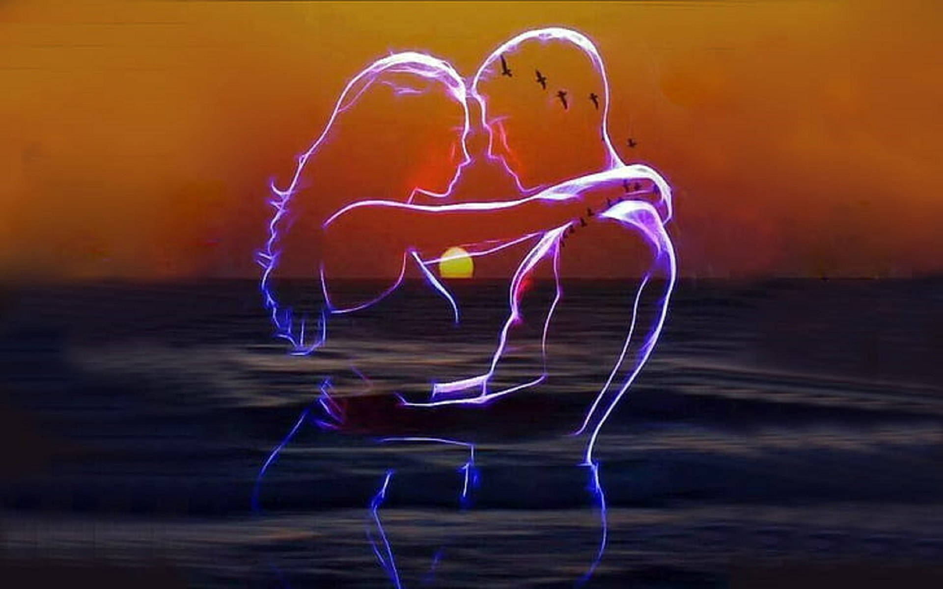 neon couple, sunset, warm orange sky, Full HD Desktop Wallpaper