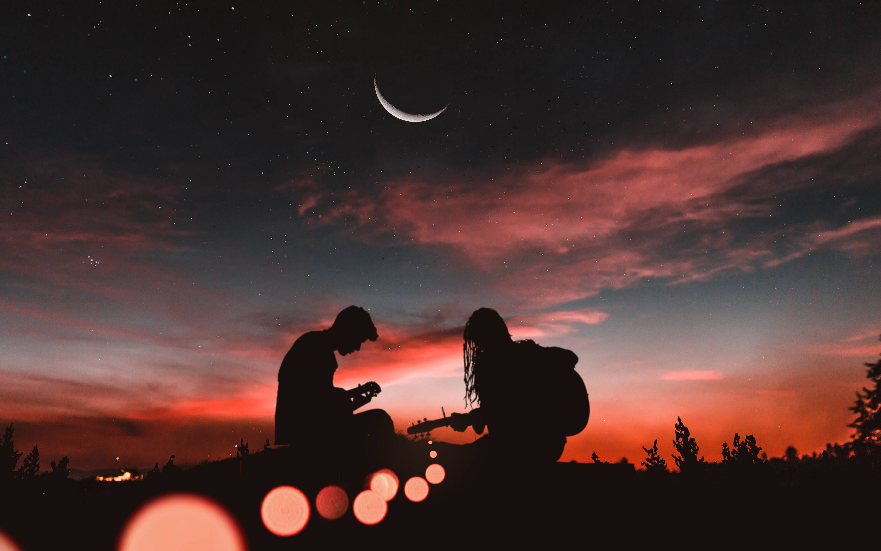 Romantic Jam With The Moon, crescent moon, starry sky, 2K Desktop Wallpaper