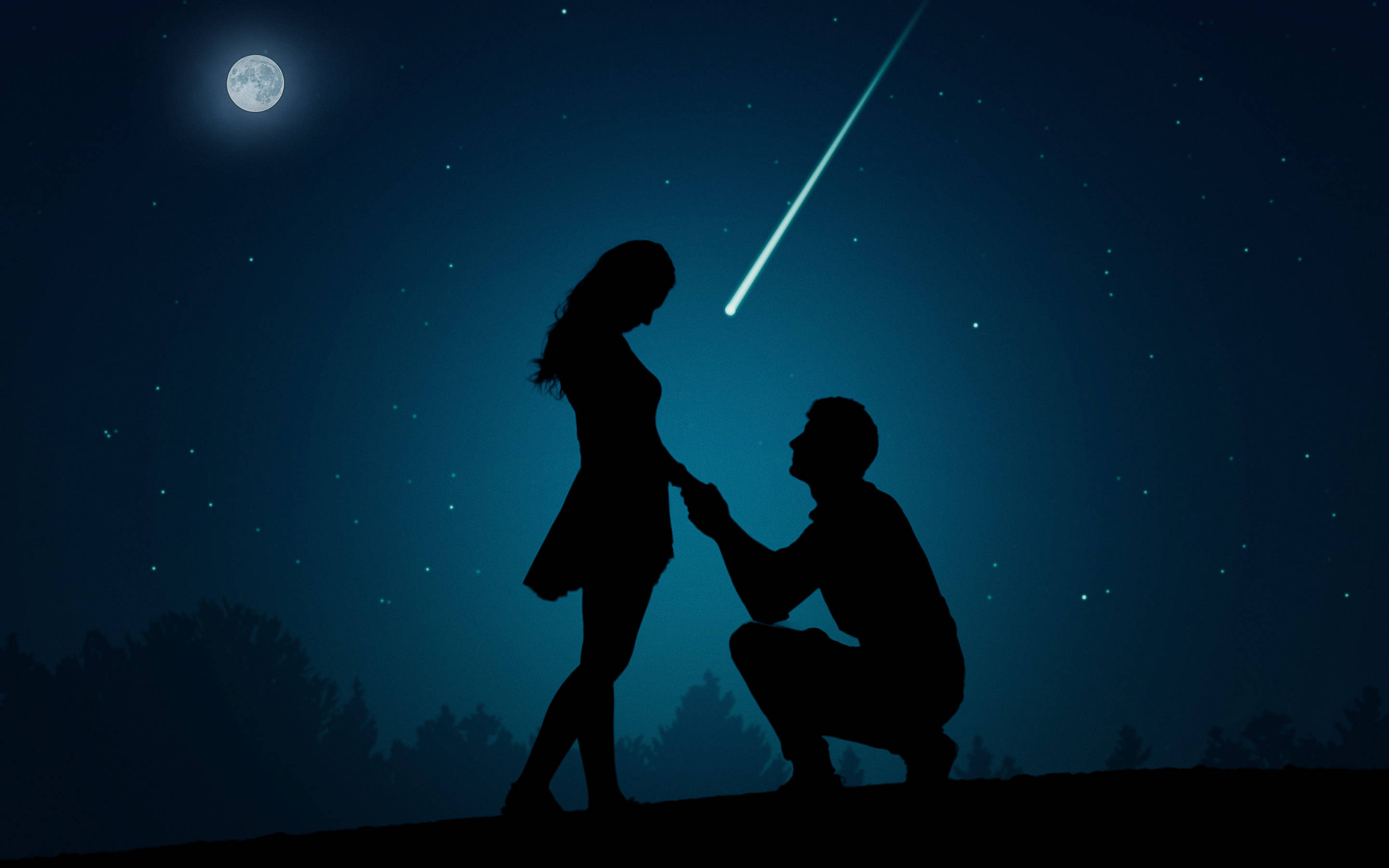 Romantic Proposal Under The Moon, moonlit sky, bright meteor, 2K Desktop Wallpaper