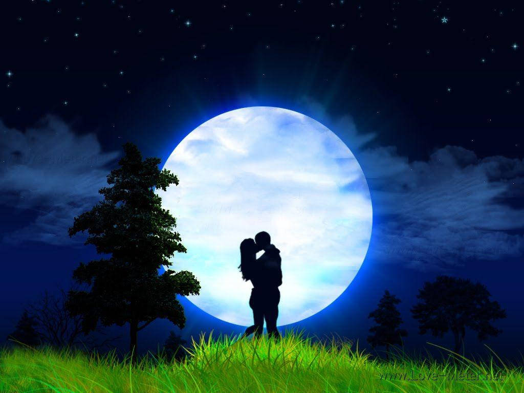 Romantic Kiss Under The Moon, giant glowing moon, starry night sky, SD Desktop Wallpaper