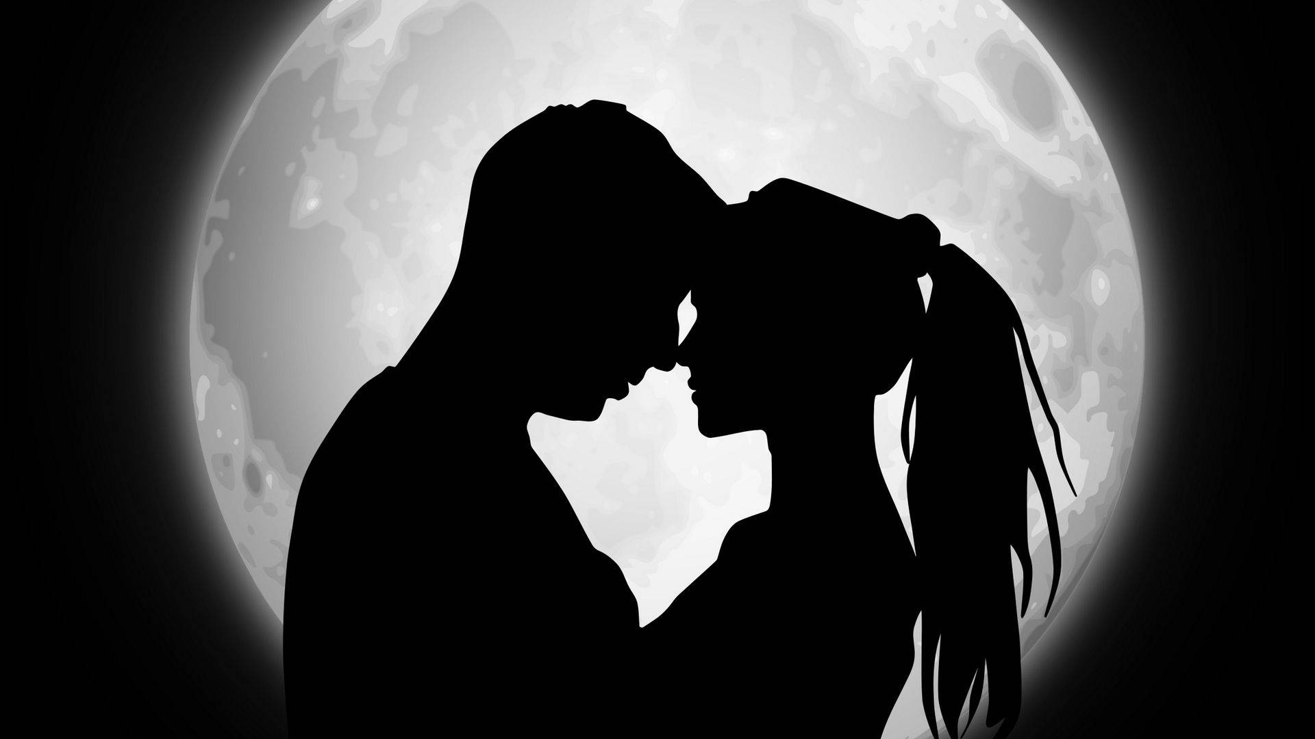 Romantic Relationship And A Moon, silhouetted couple, tender embrace, Full HD Desktop Wallpaper