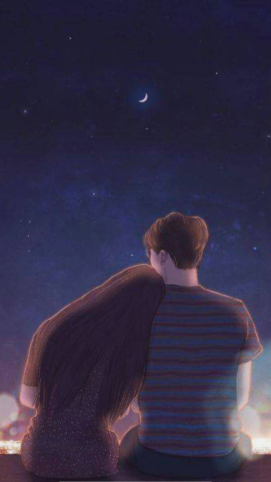 crescent moon, starry night sky, couple, Full HD Phone Wallpaper