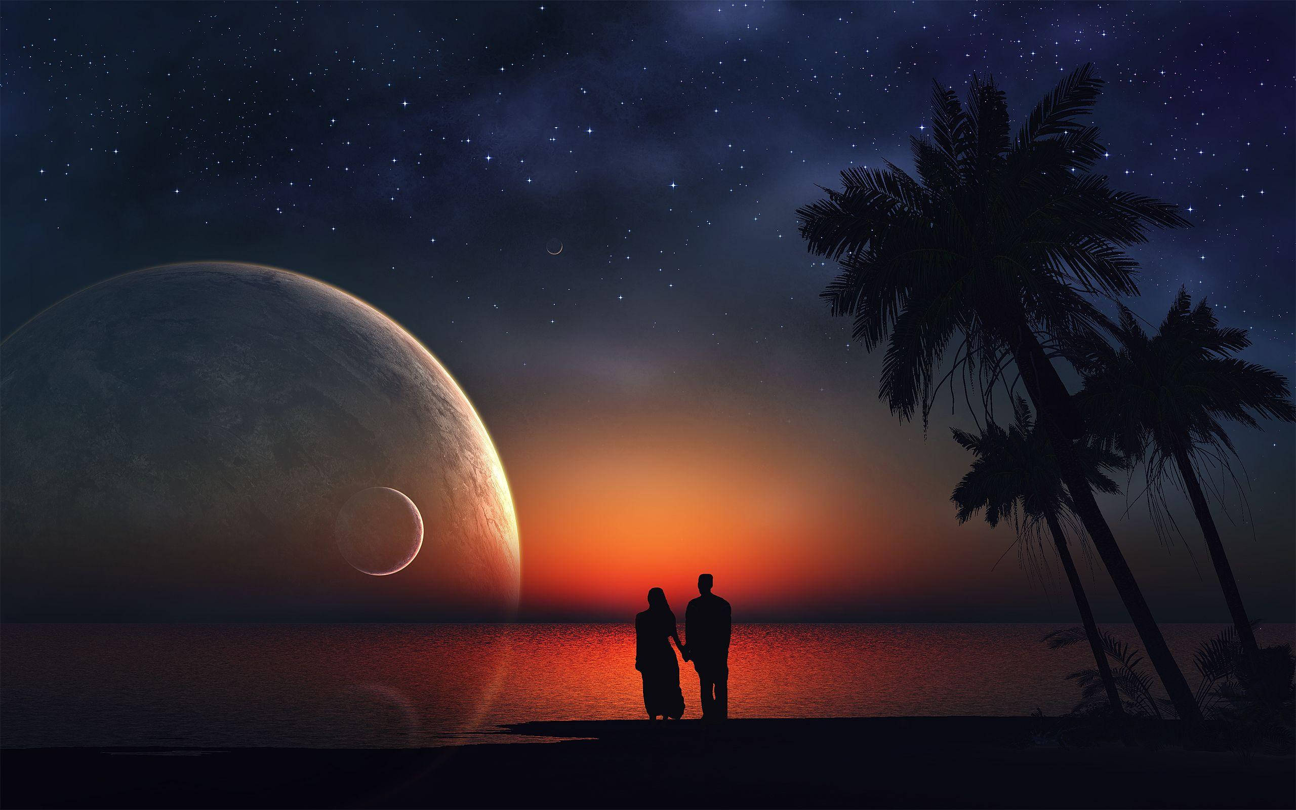 Romantic Night With The Moon In The Sky, beach, twilight, 2K Desktop Wallpaper