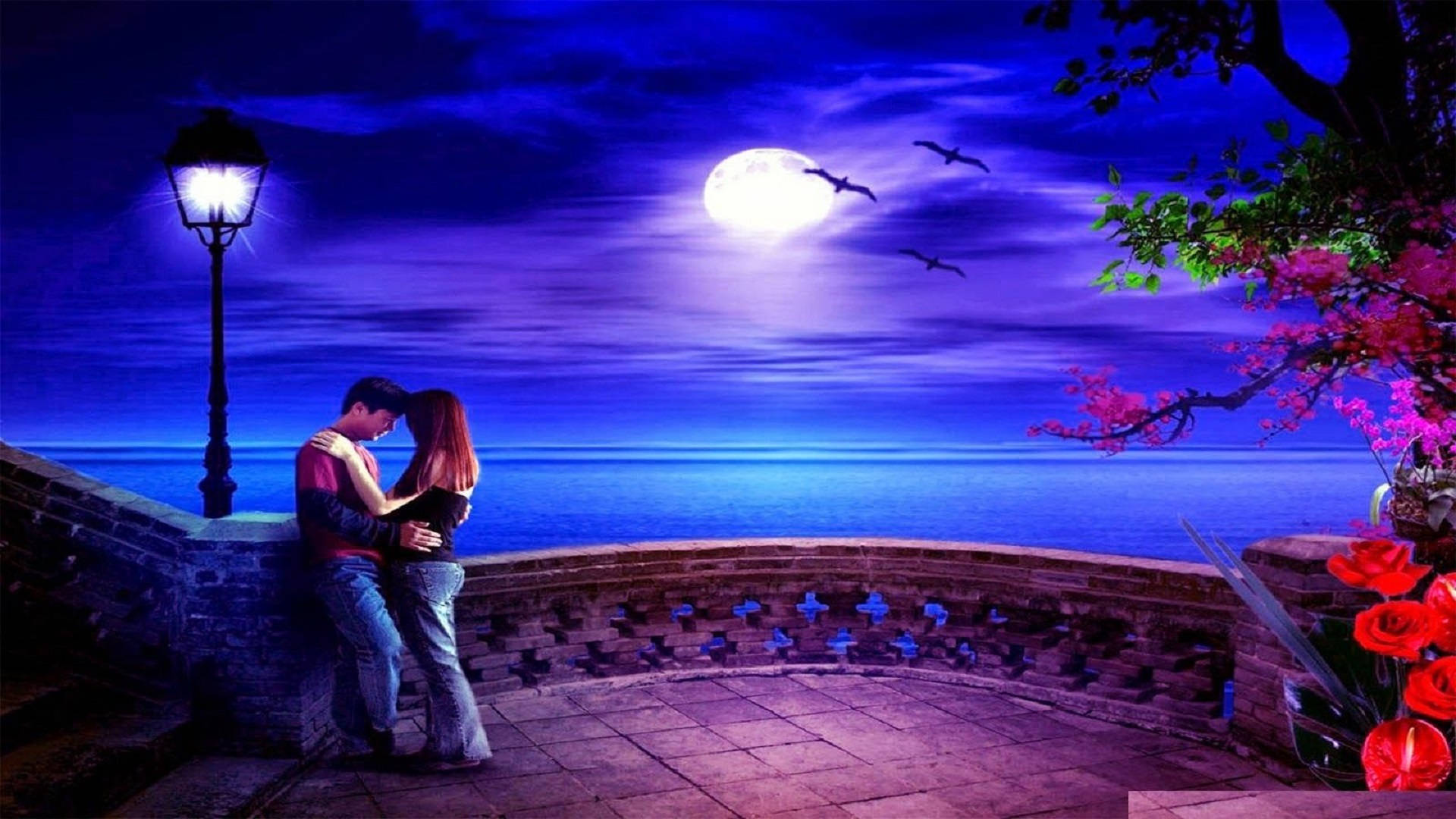 Romantic Love Under The Moon, full moon, stone railing, Full HD Desktop Wallpaper