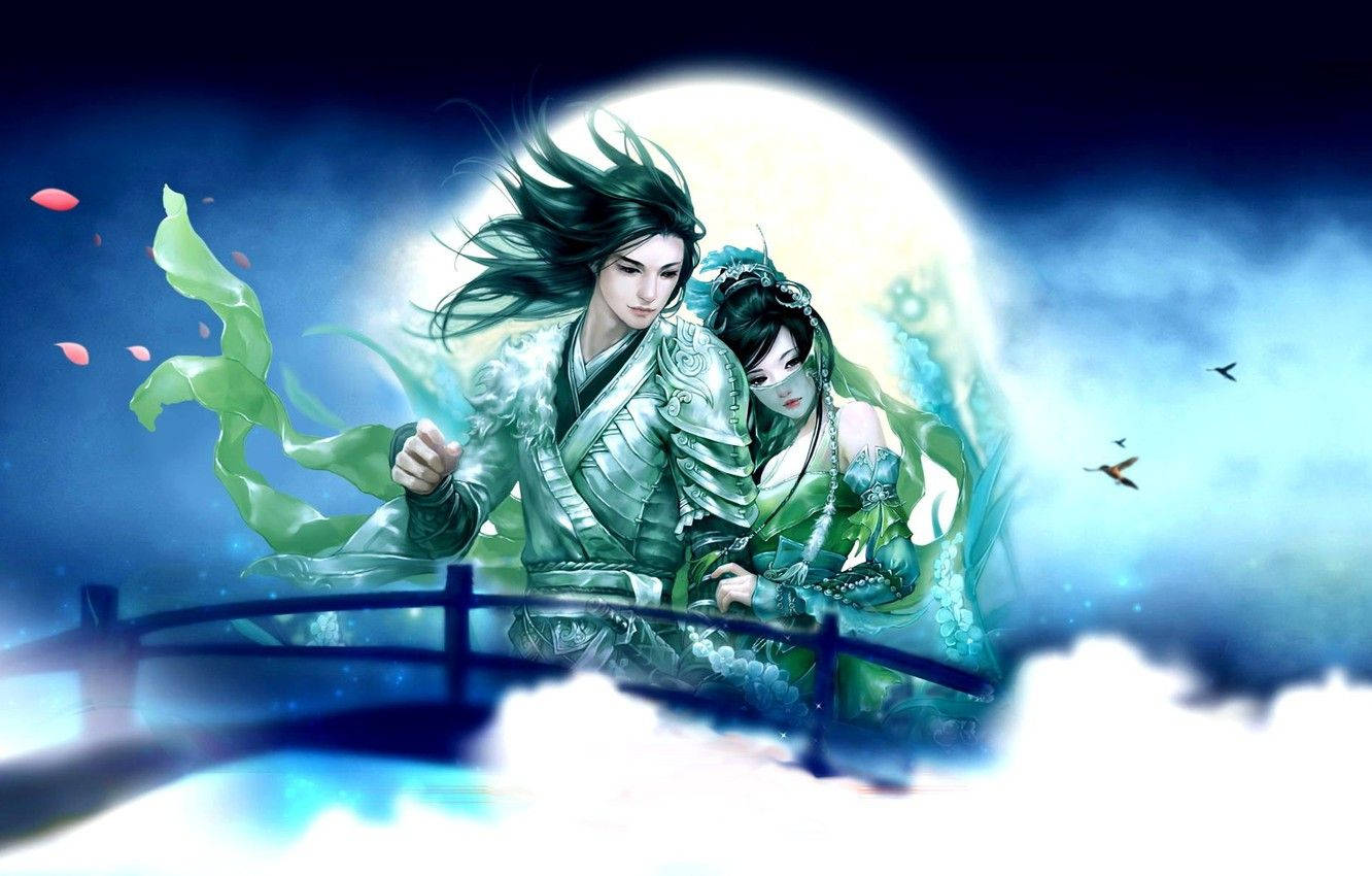 Romantic Chinese Caricature With The Moon, green robes, bridge, HD Desktop Wallpaper