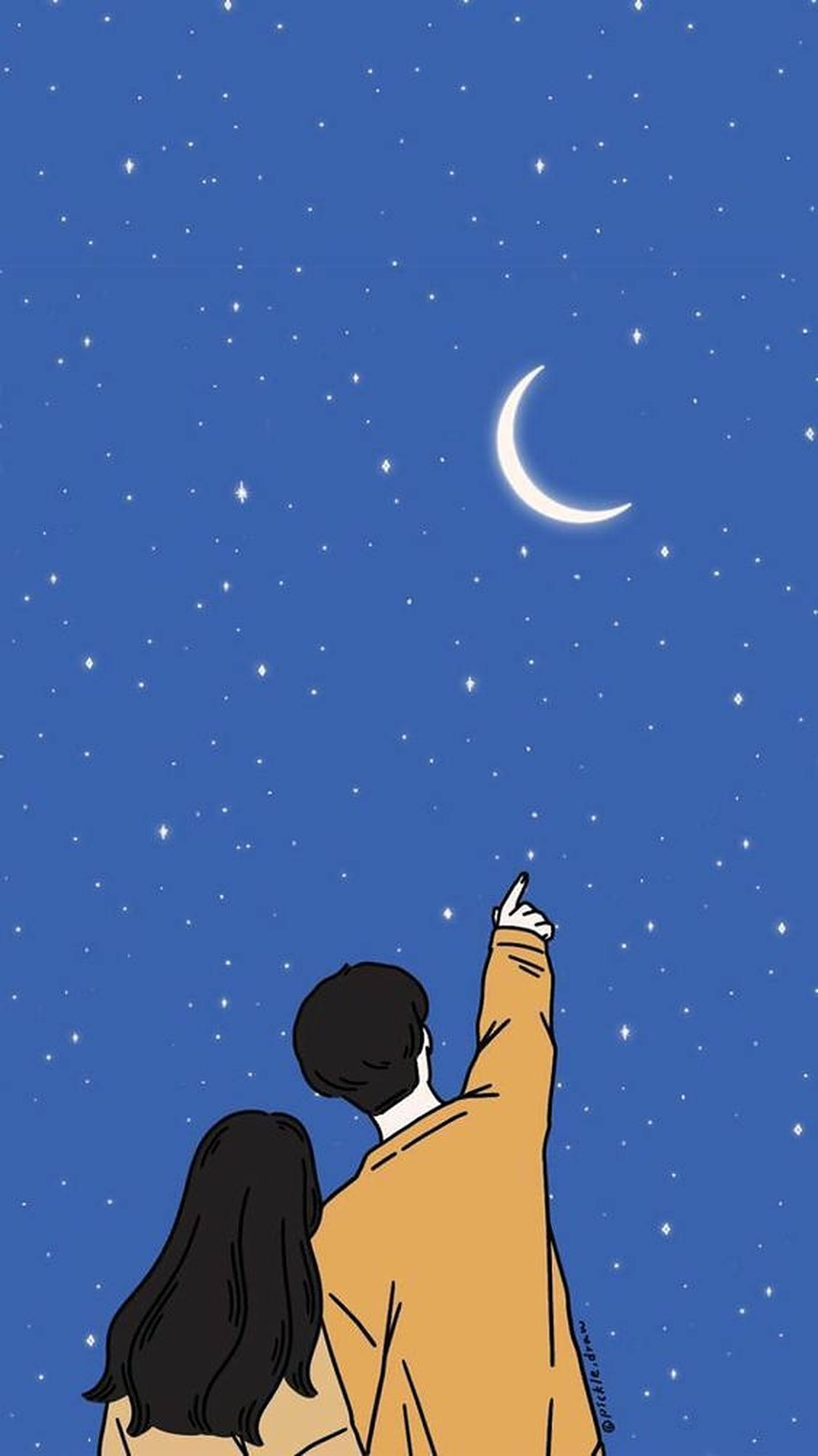 crescent moon, twinkling stars, deep blue night sky, Full HD Phone Wallpaper