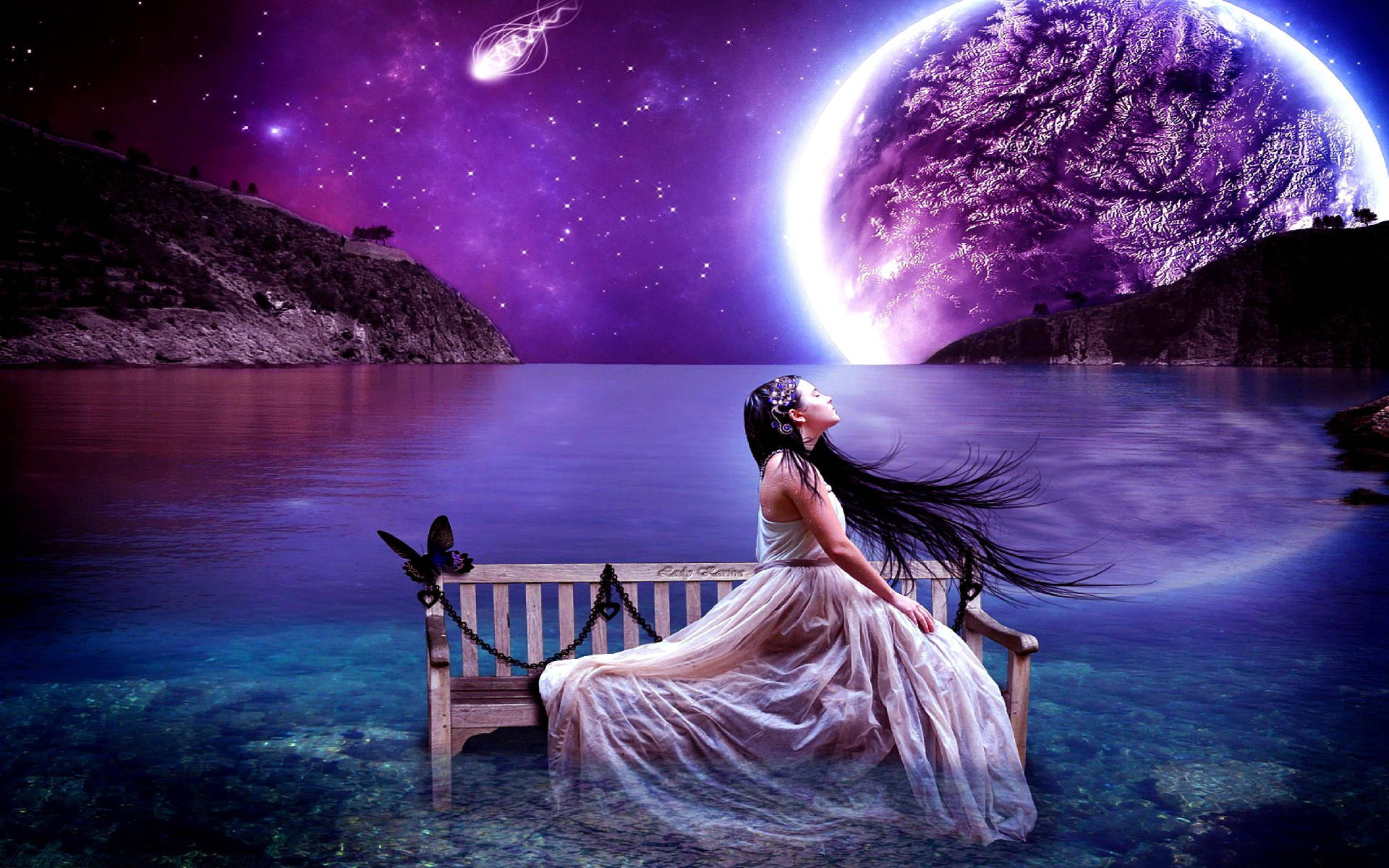 galaxy moon, giant purple planet, shooting star, Full HD Desktop Wallpaper