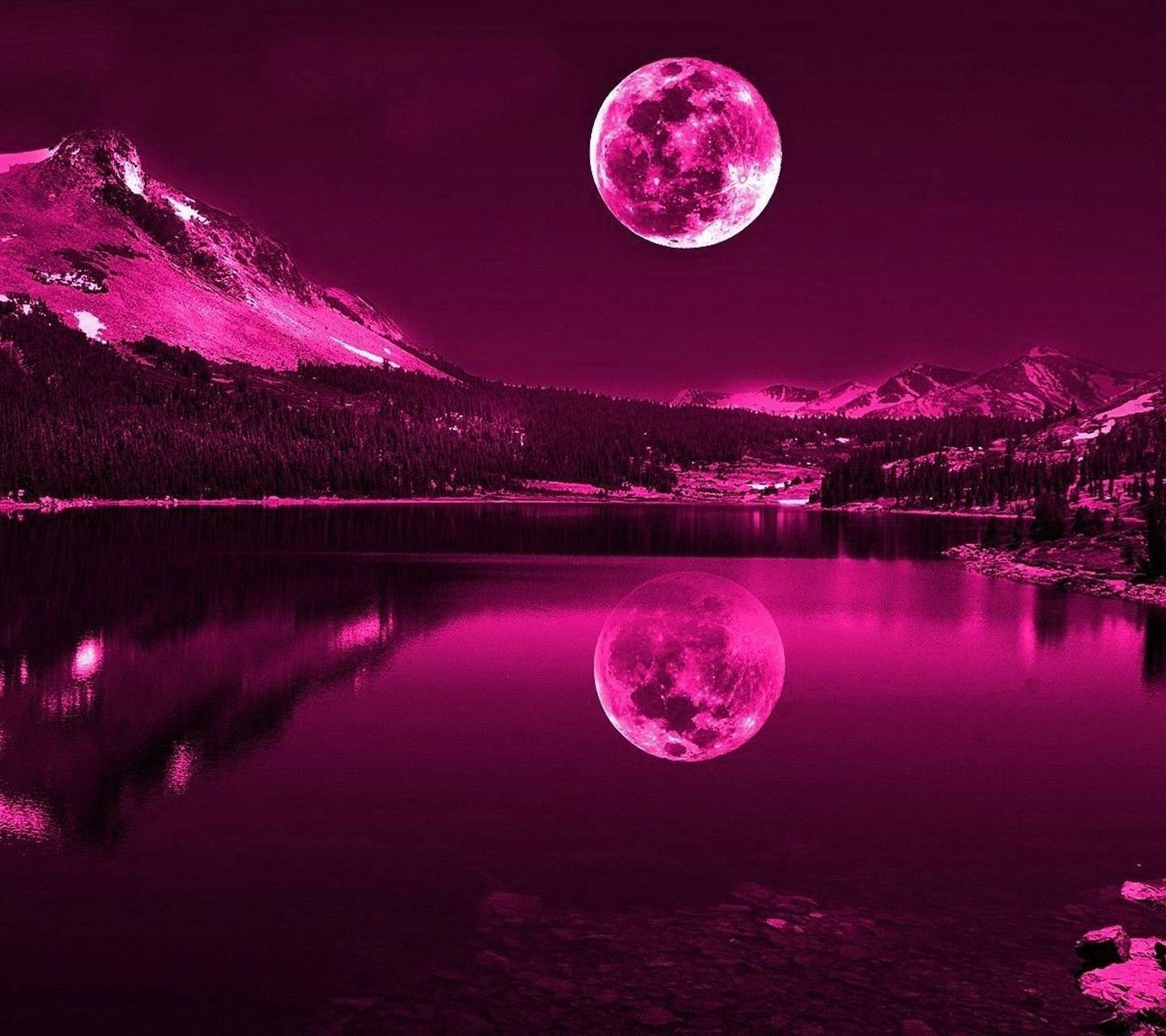 Romantic Neon Moon, magenta moon, mountain lake, HD Desktop Wallpaper