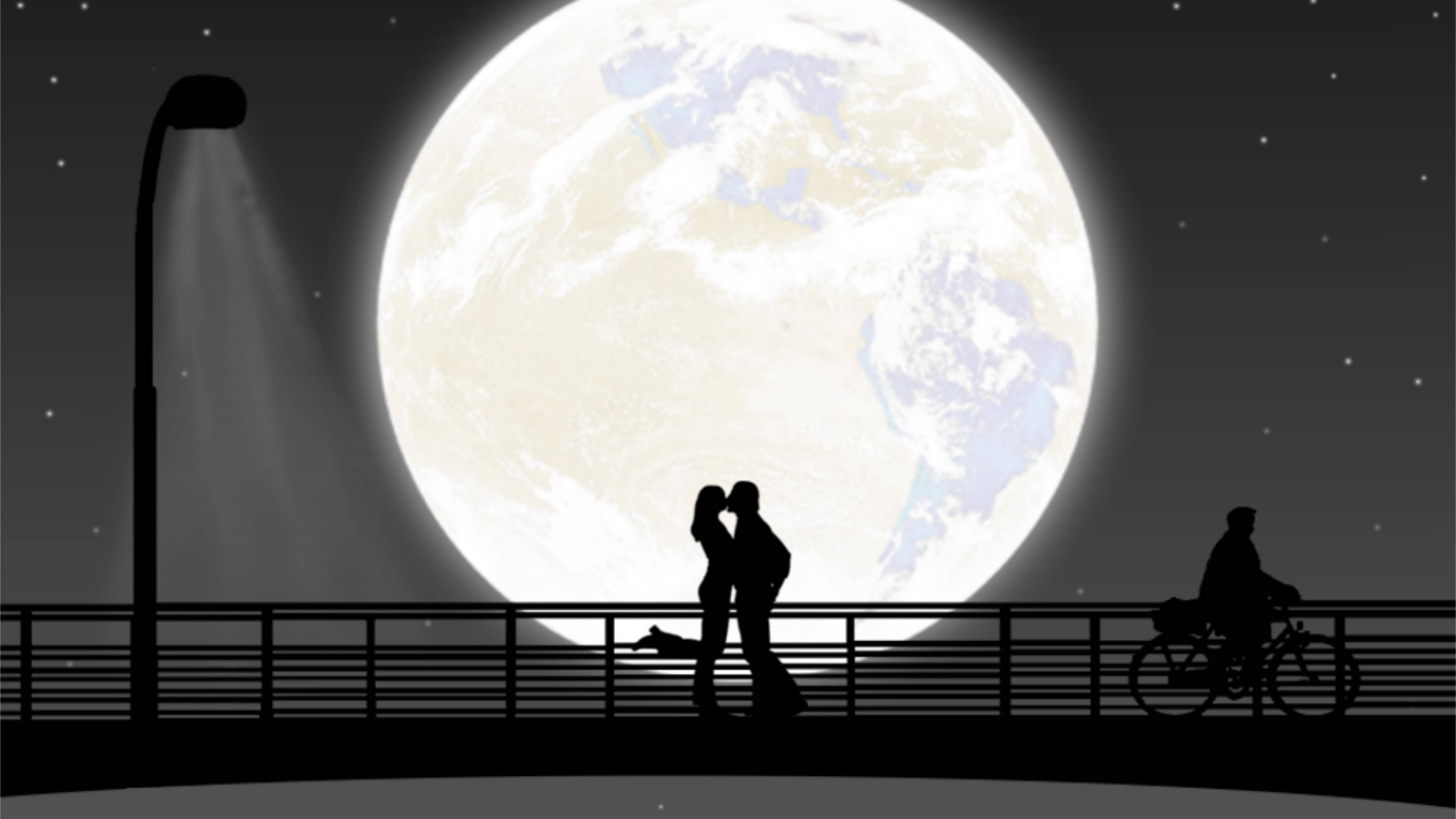 Romantic First Date With The Moon, giant moon, couple, 4K Desktop Wallpaper