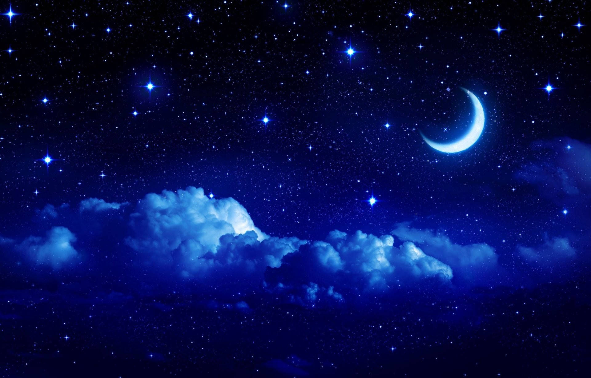 Romantic Blue Moon And Stars, crescent moon, twinkling stars, Full HD Desktop Wallpaper