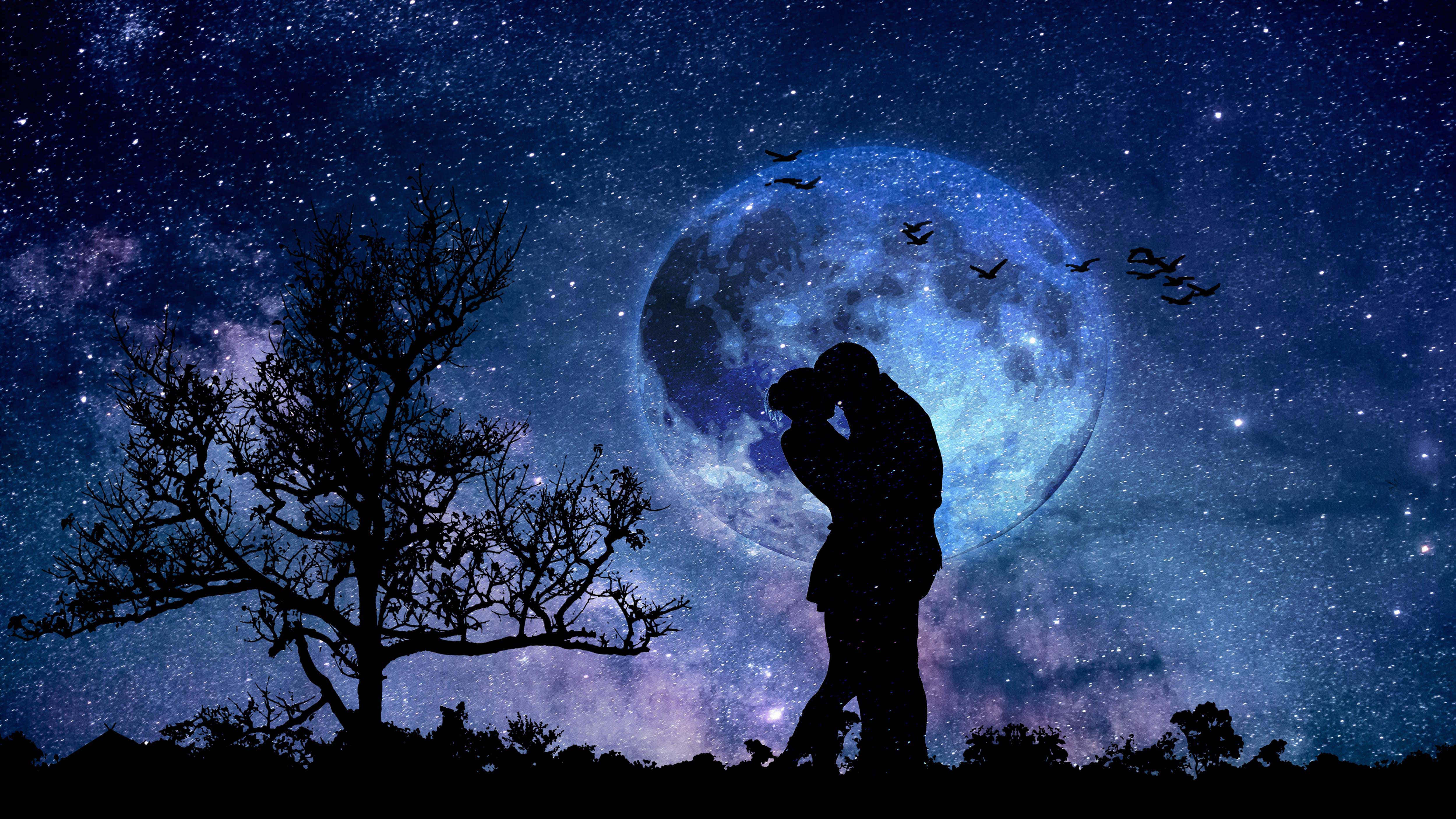 Lovely Couple With Moon, giant moon, starry sky, 4K Desktop Wallpaper