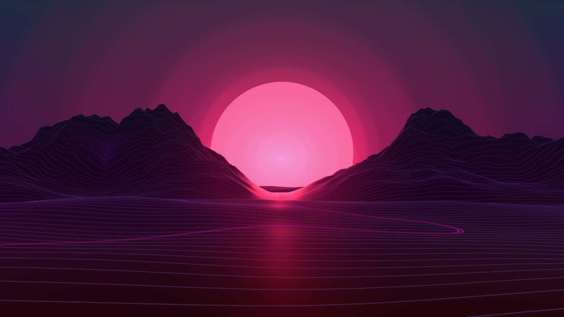 pink moon, glowing pink sun, purple mountains, Full HD Desktop Wallpaper