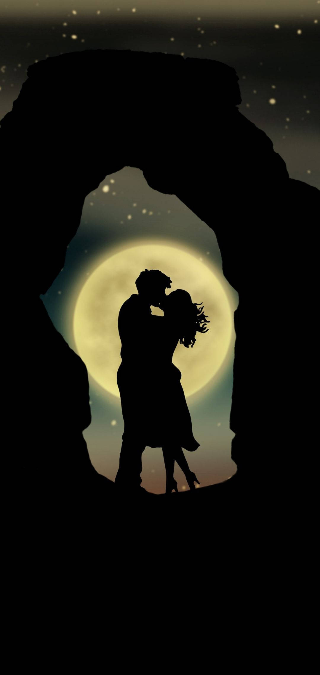 romantic couple, full moon, natural rock arch, Full HD Phone Wallpaper