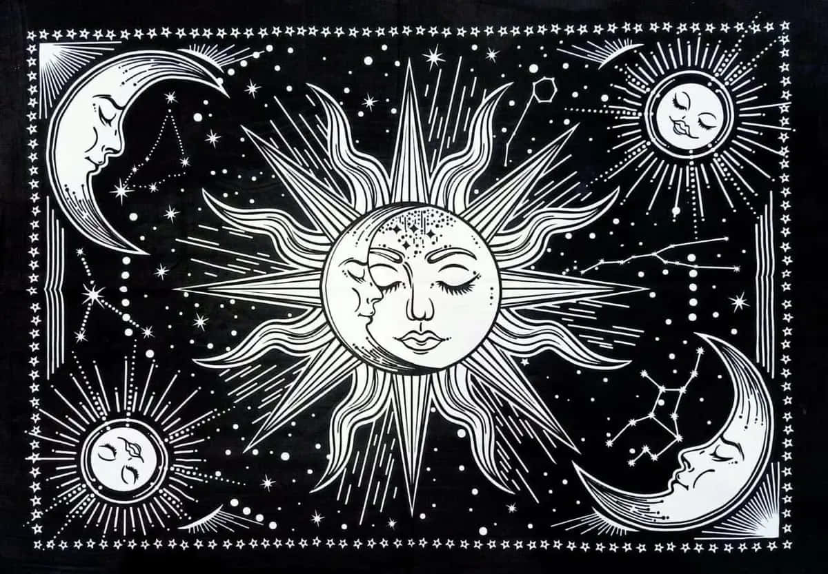 Bohemian Sun Moon Art, sun with a face, smiling moons, SD Desktop Wallpaper