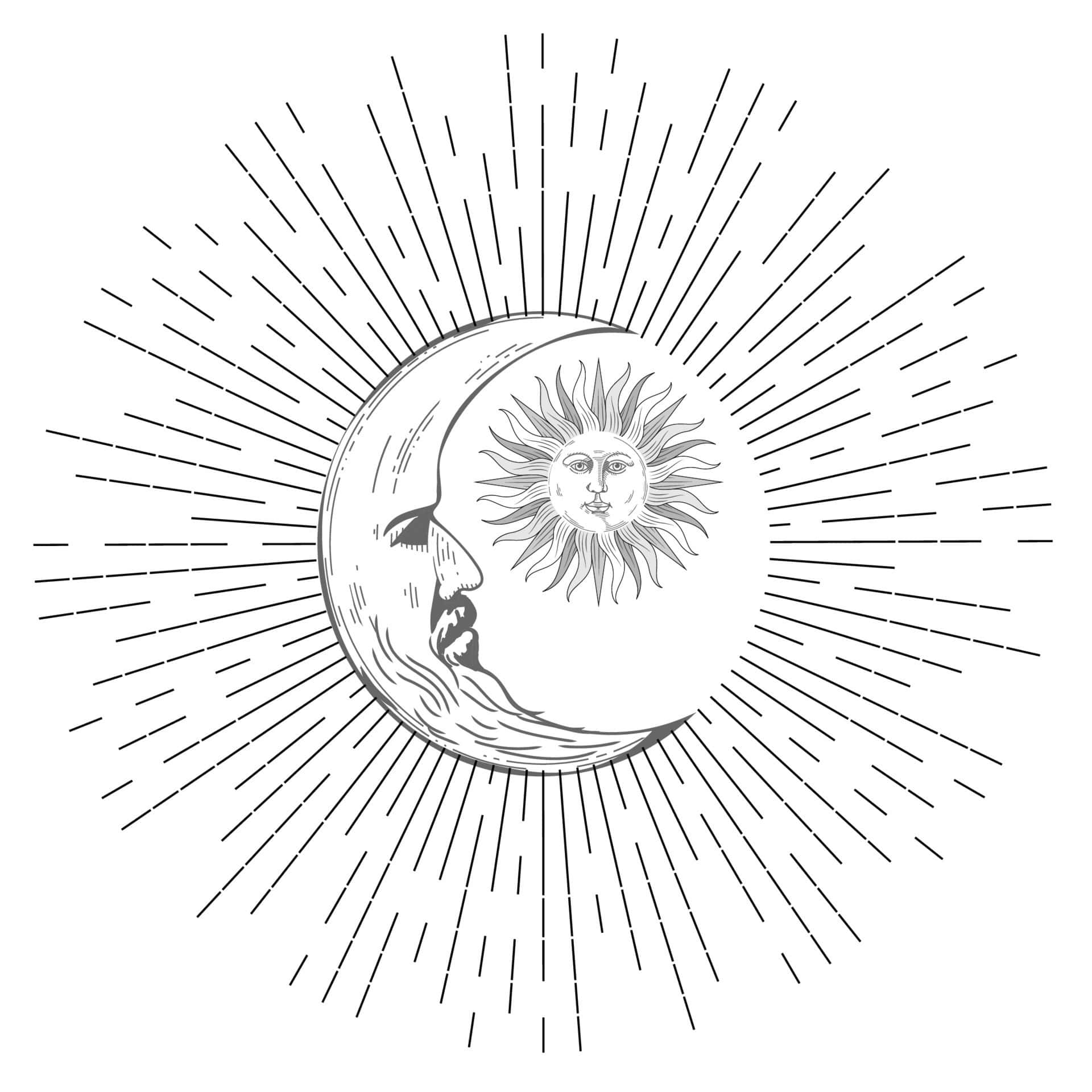 crescent moon, sun, black and white line art, Full HD Desktop Wallpaper
