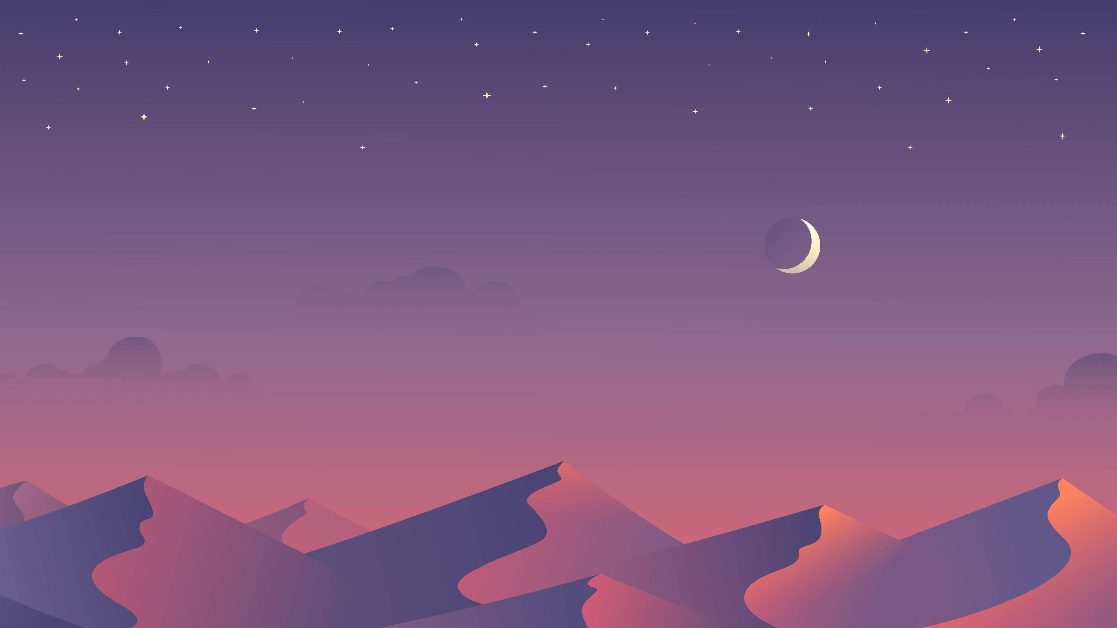 crescent moon, stars, purple mountain peaks, 4K Desktop Wallpaper