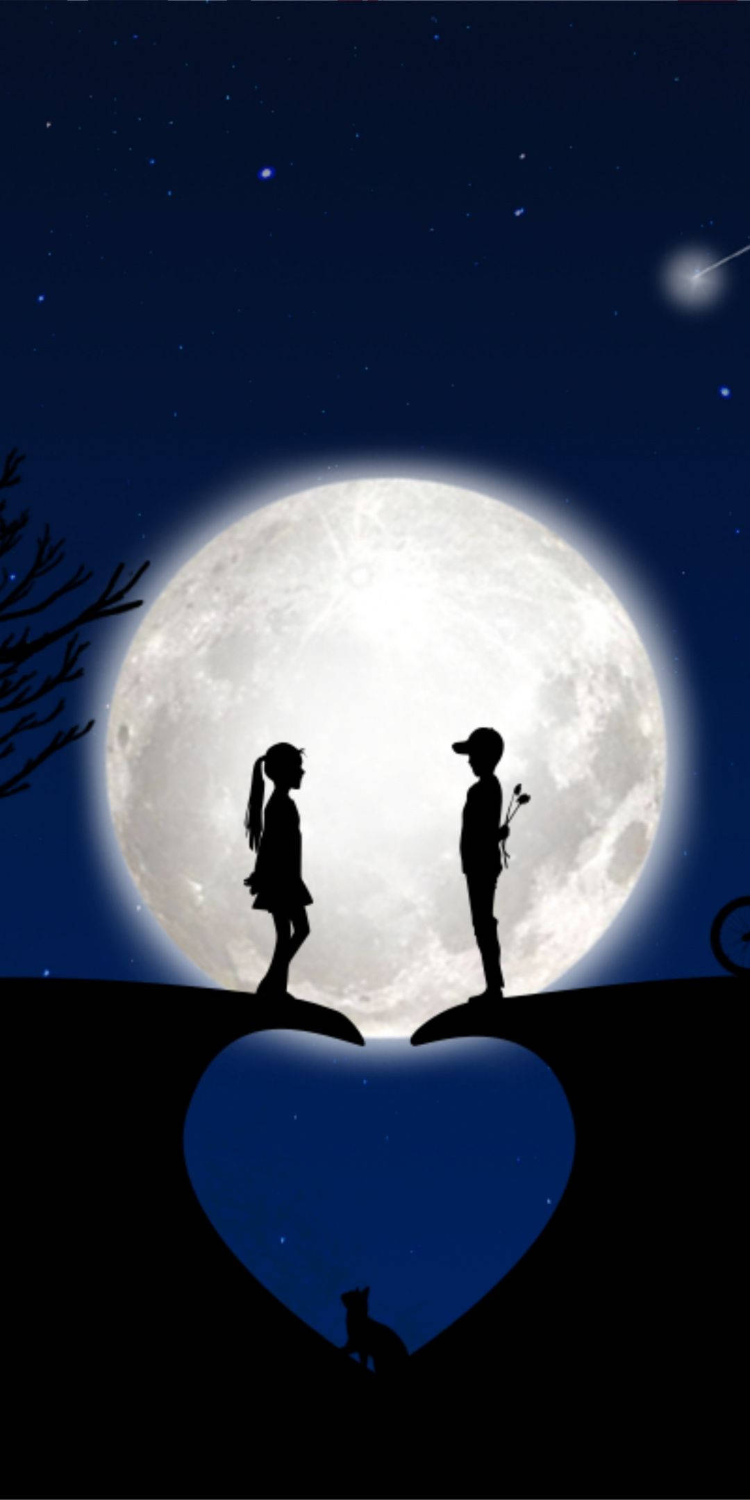 Romantic Young Love And The Moon, heart-shaped hill, giant moon, Full HD Phone Wallpaper