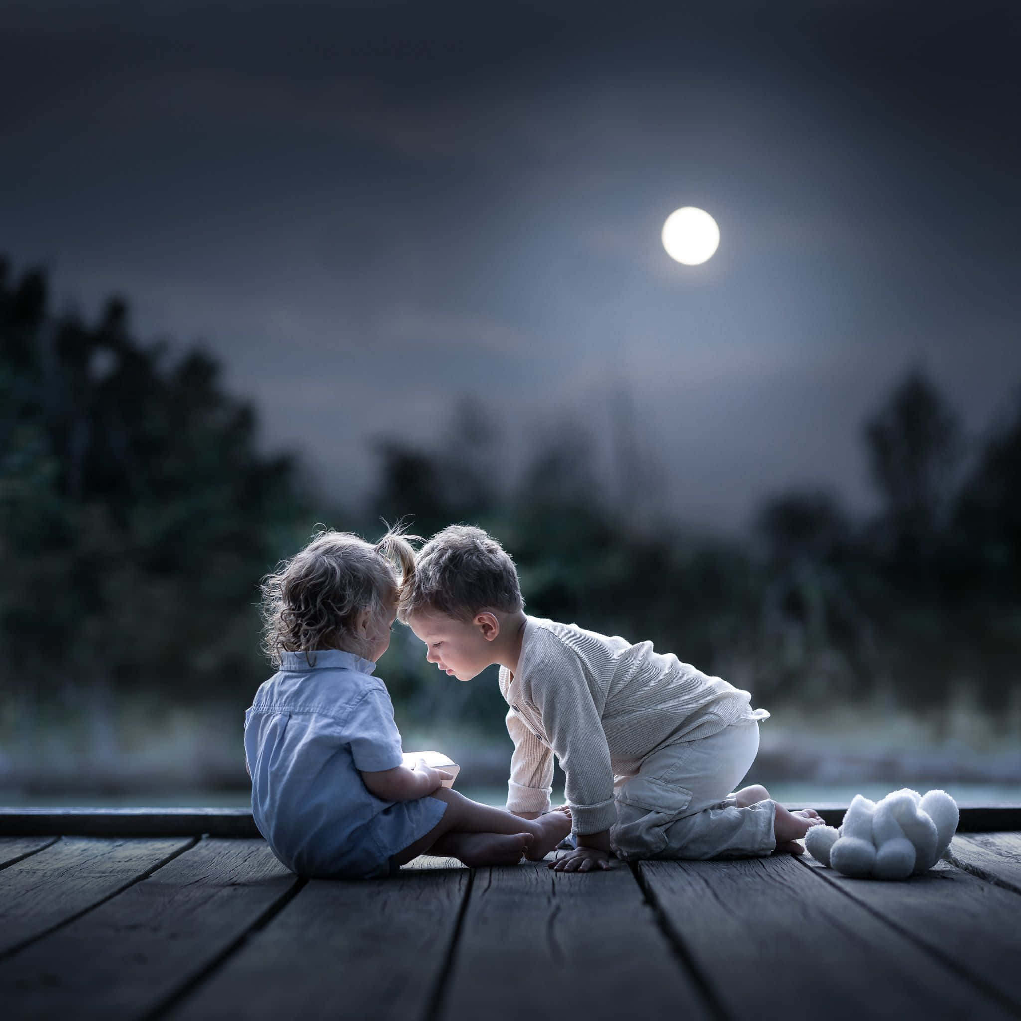 full moon, wooden deck, children, Full HD Desktop Wallpaper
