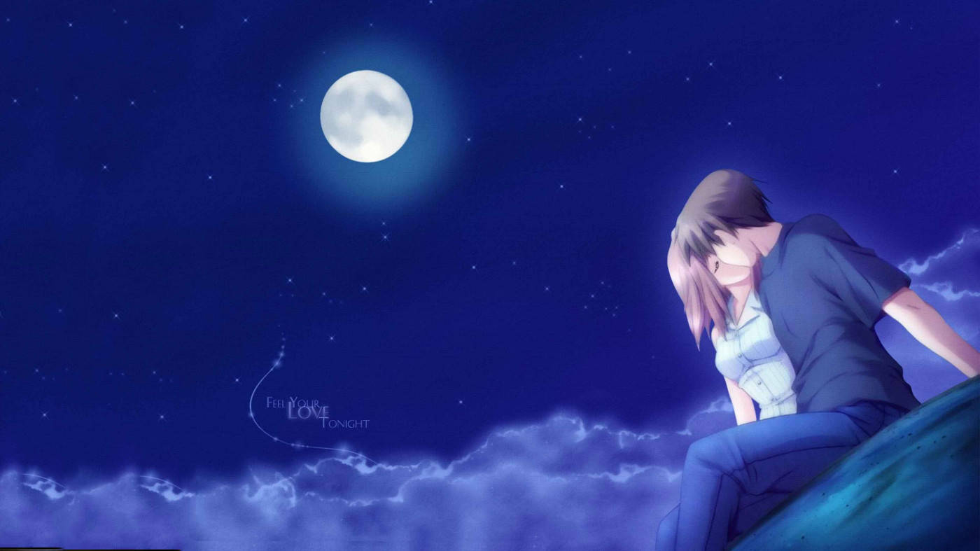 anime girl, cliff, full moon, HD Desktop Wallpaper