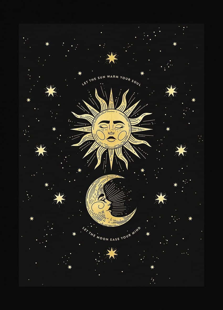 Bohemian Sun Moon Artwork, golden sun, moon with faces, SD Phone Wallpaper