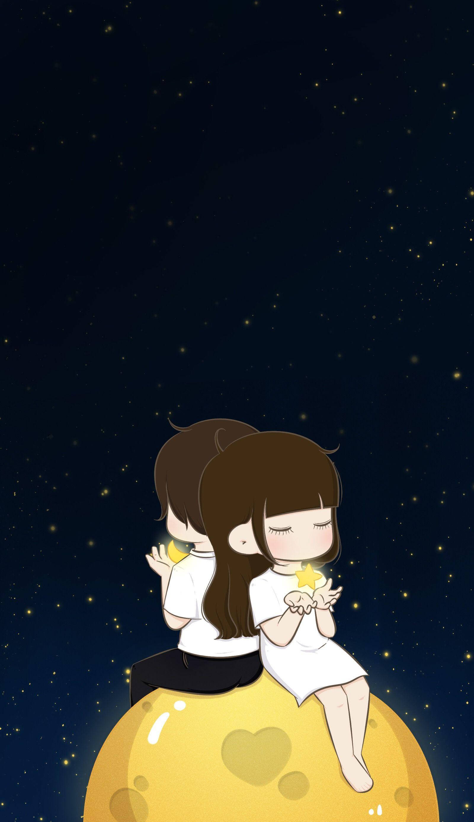 anime-style children, moon, glowing stars, 2K Phone Wallpaper