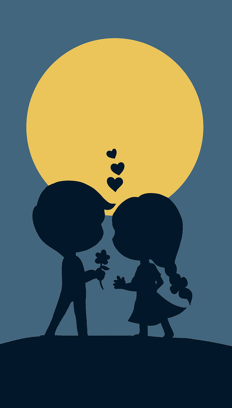 Love Cartoon Moon Silhouette, yellow moon, silhouetted couple, HD Phone Wallpaper