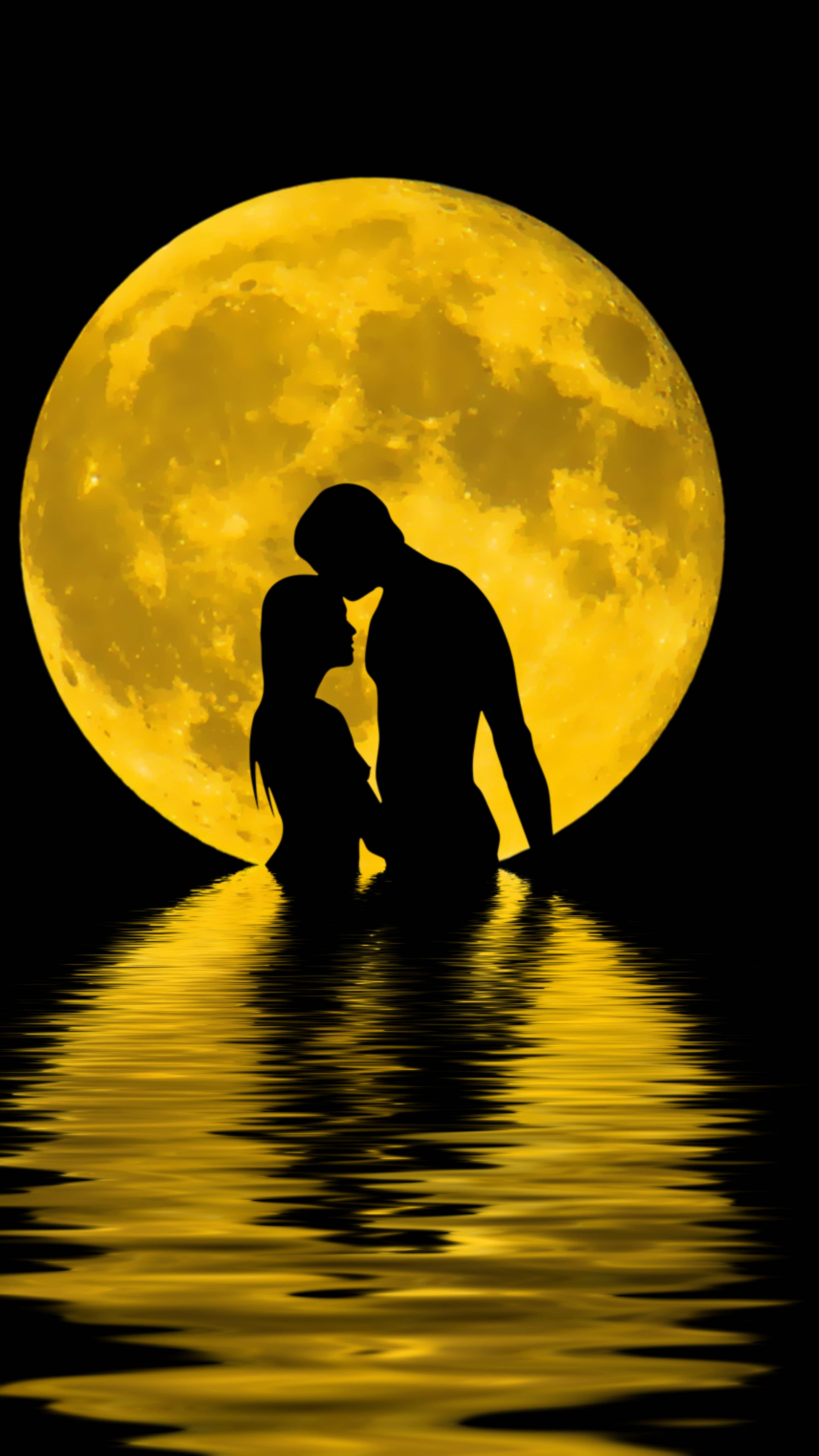 Romantic Night Dip With Full Moon, giant glowing yellow moon, rippling water, 5K Phone Wallpaper