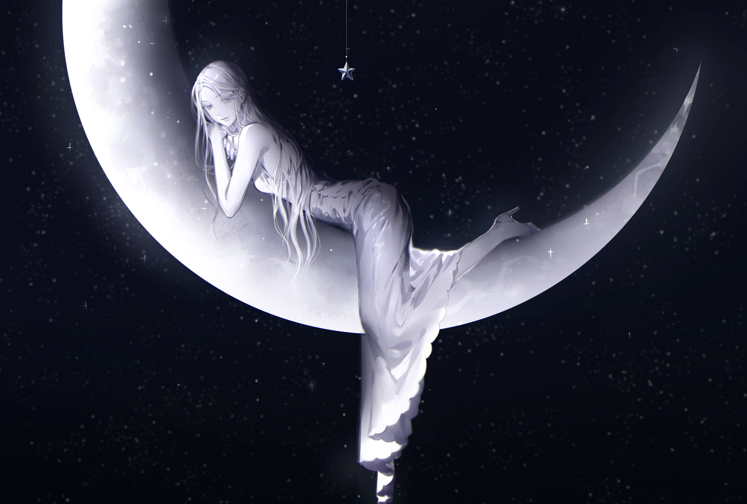 crescent moon, anime girl, long hair, Full HD Desktop Wallpaper