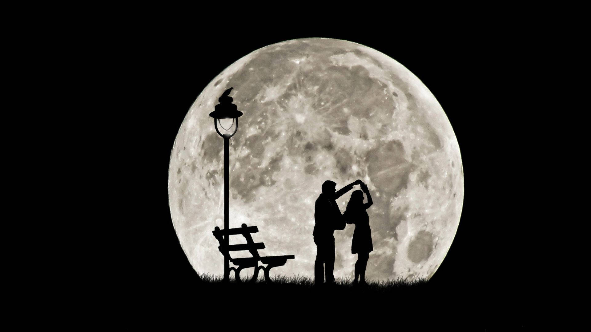 Romantic Dance With The Moon, giant textured moon, lamppost, Full HD Desktop Wallpaper