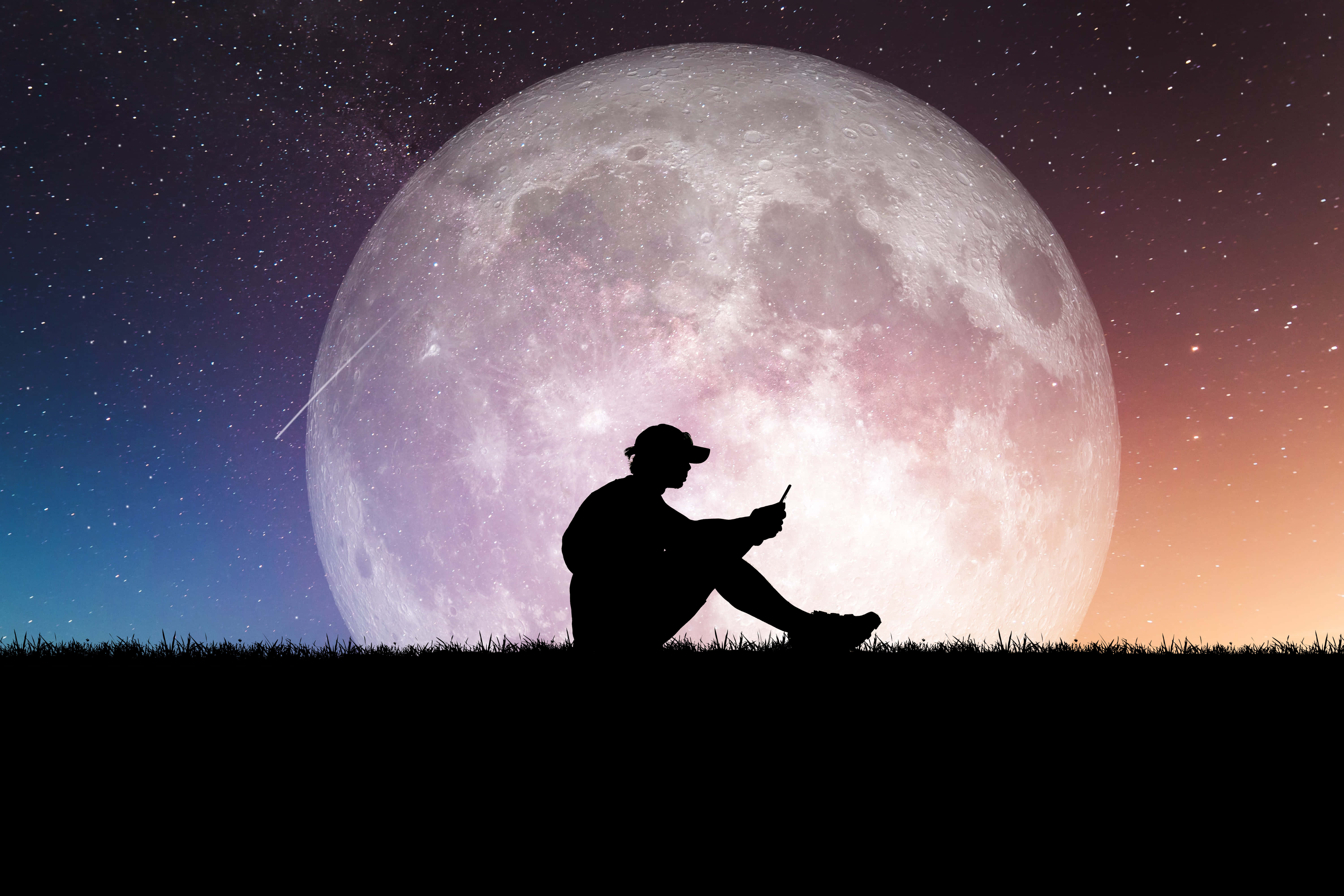 Sad Romance Moon, giant moonlit sky, stars, 5K Desktop Wallpaper