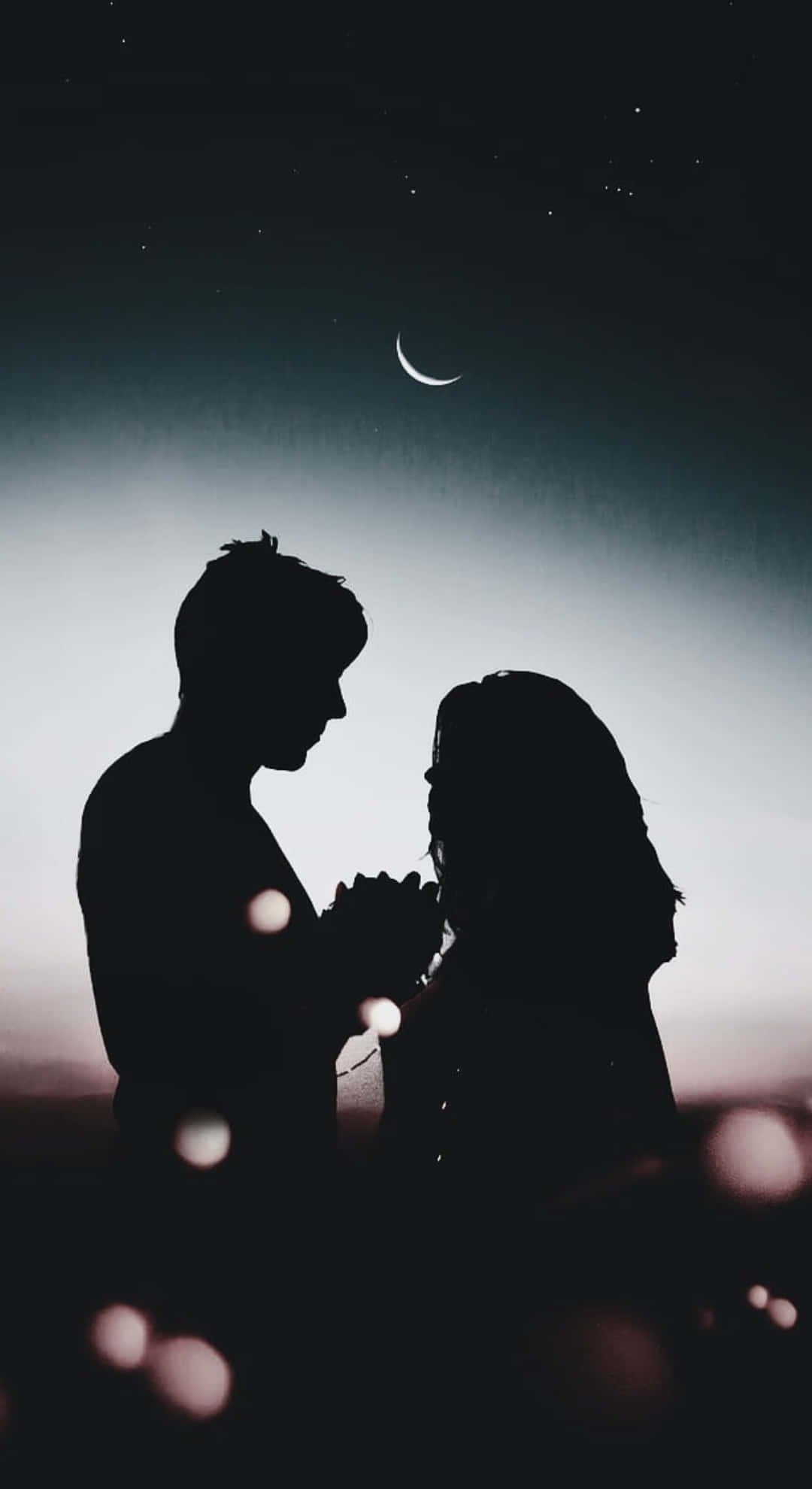 crescent moon, starry night sky, silhouettes of a couple holding hands, Full HD Phone Wallpaper