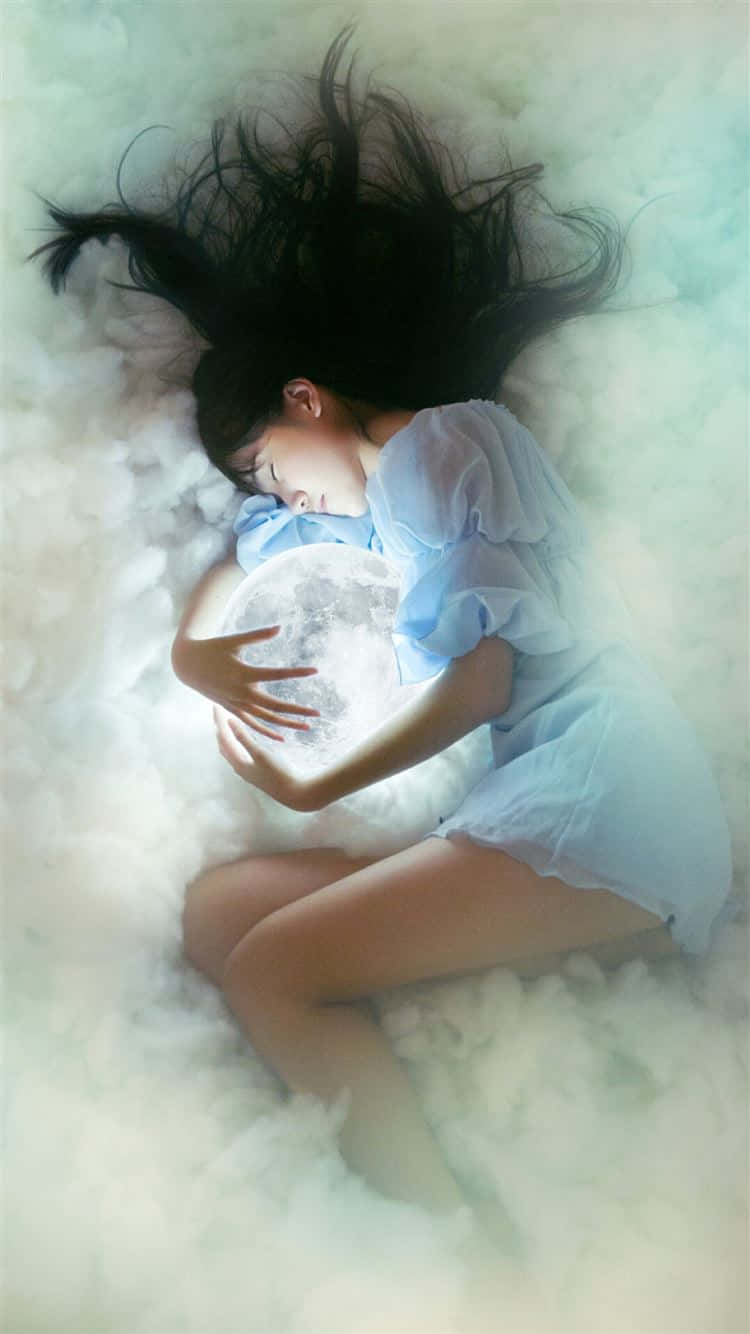 Dreamy Embrace With Moon, young woman, dark hair, HD Phone Wallpaper