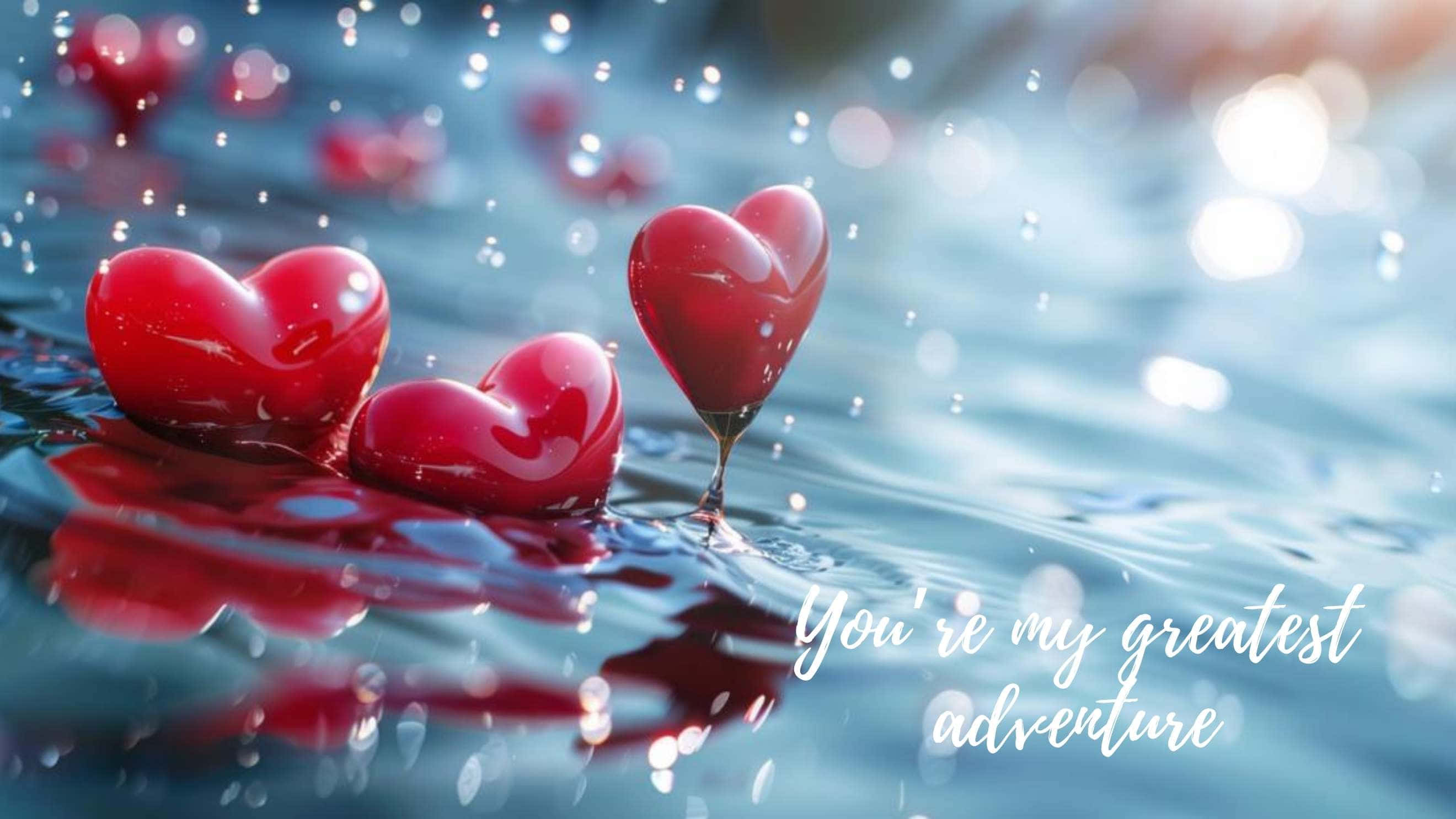 glossy red hearts, shimmering blue water, soft bokeh lights, 2K Desktop Wallpaper