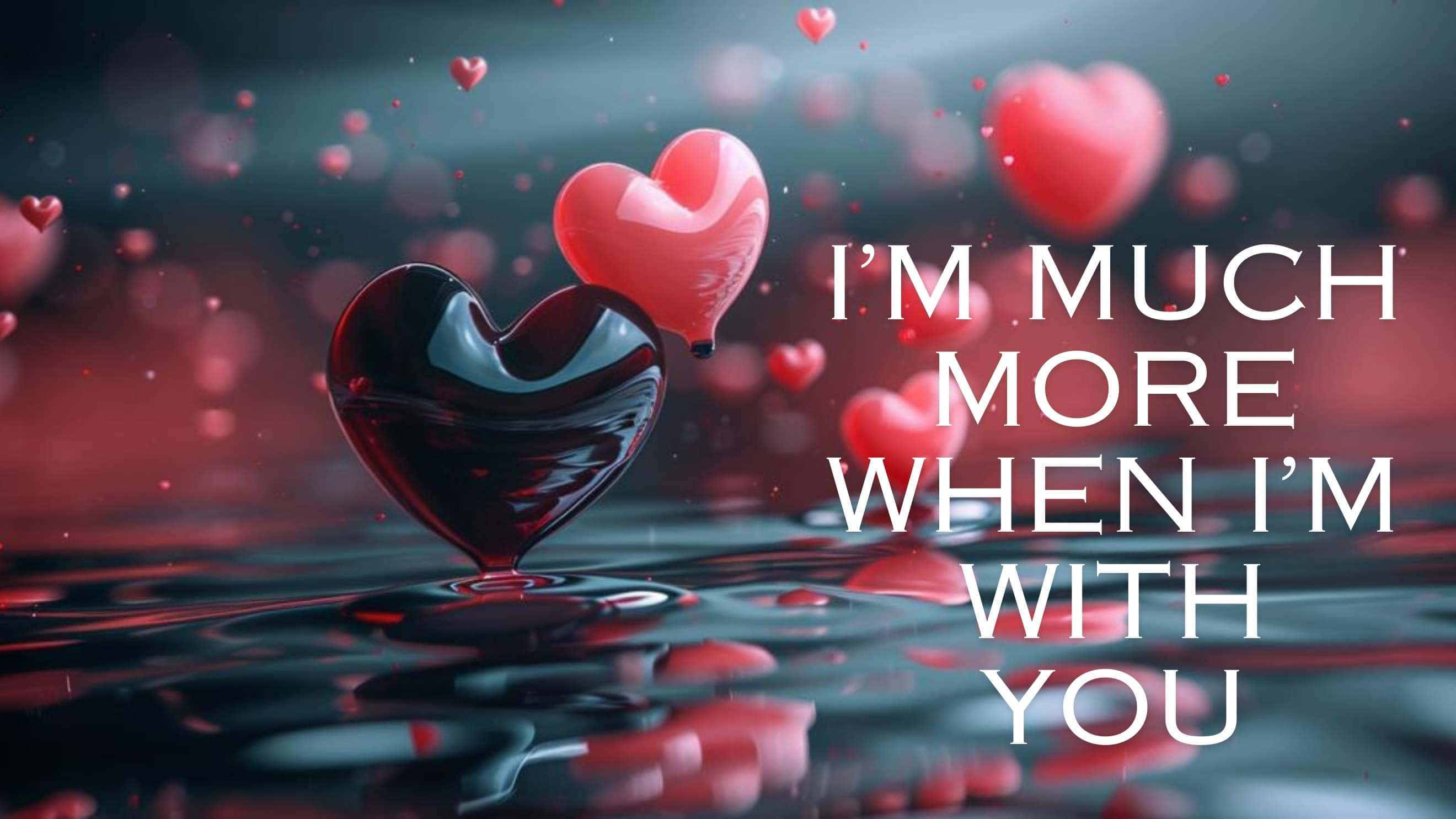 glossy black heart, floating red hearts, water, 2K Desktop Wallpaper