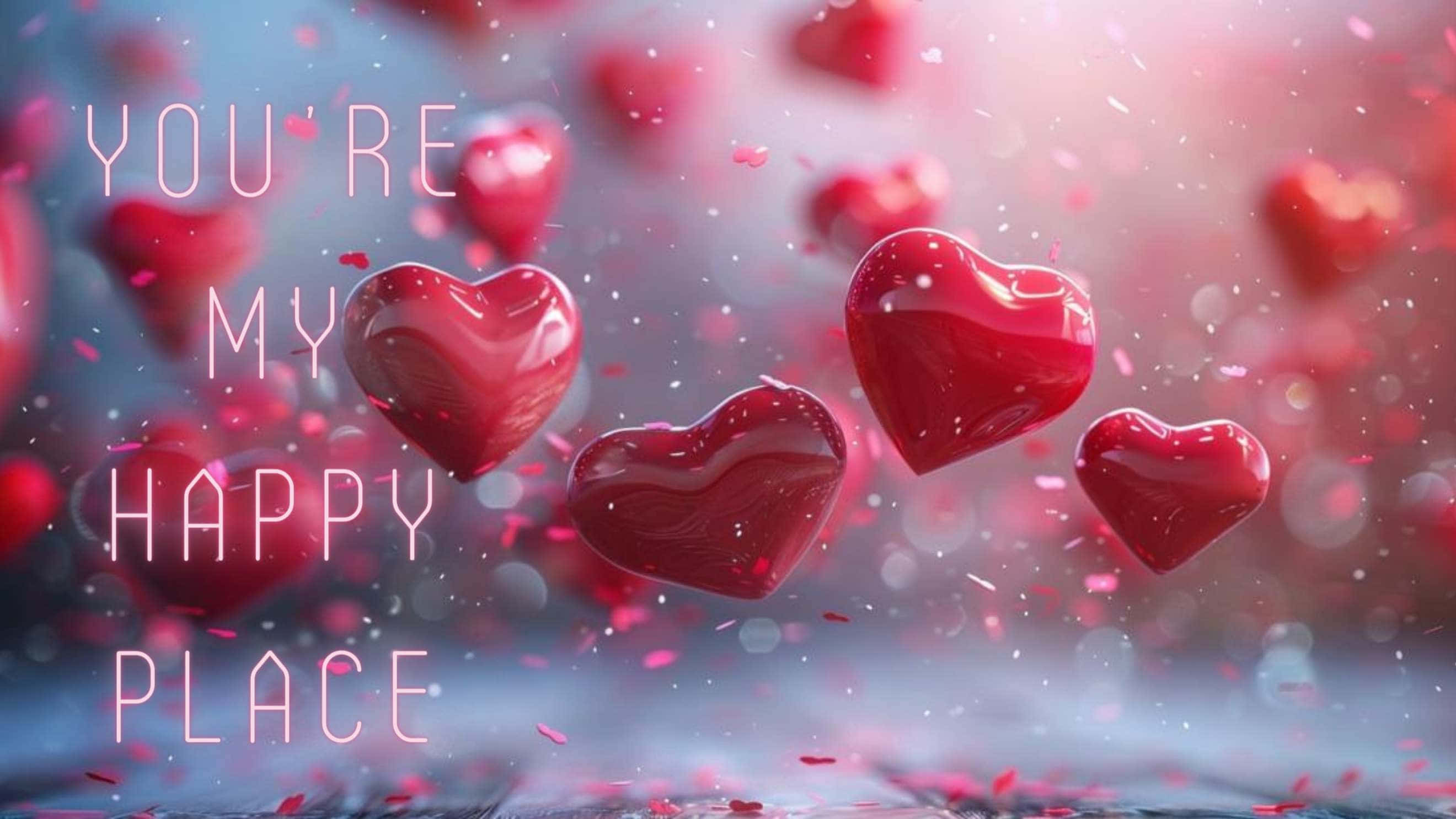 glossy red hearts, pink confetti, soft blurred background, 2K Desktop Wallpaper
