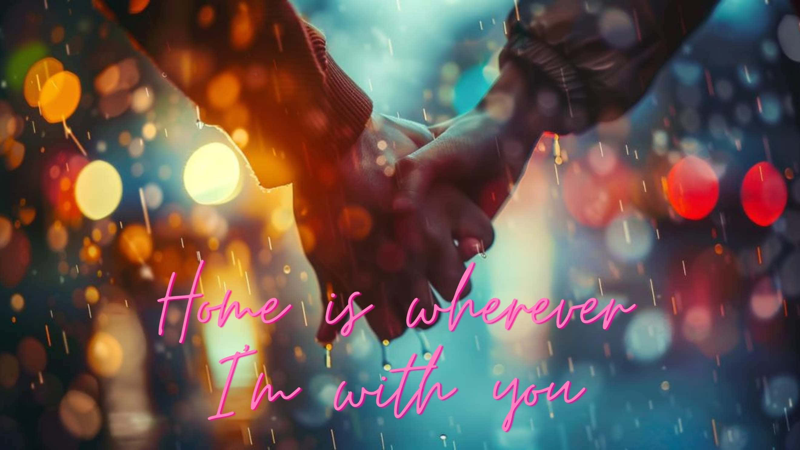 rainy cityscape, glowing bokeh lights, pink text, 2K Desktop Wallpaper