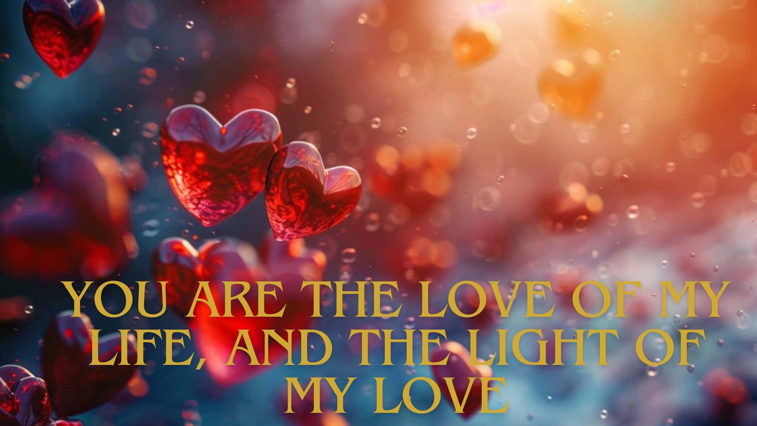 glossy red hearts, dreamy bokeh background, golden text, 2K Desktop Wallpaper
