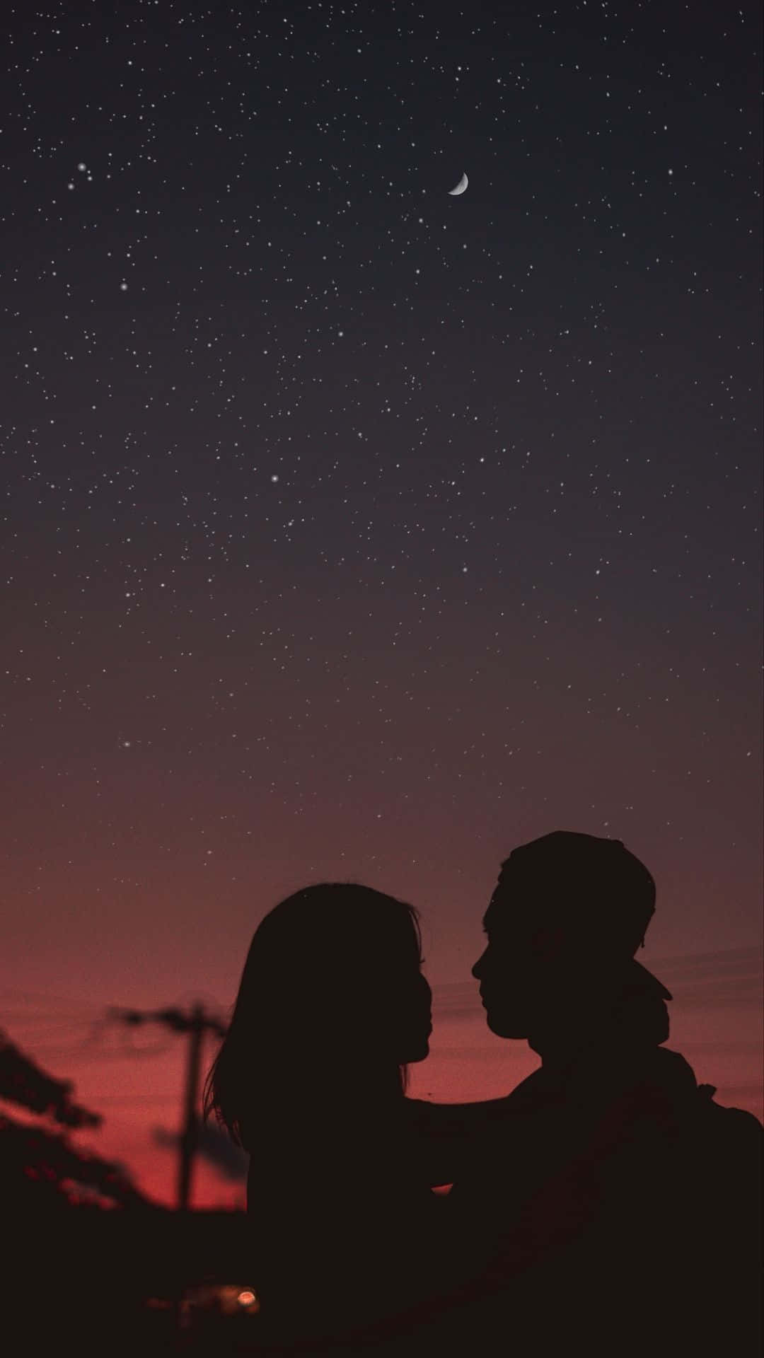 crescent moon, starry twilight sky, silhouetted couple, Full HD Phone Wallpaper