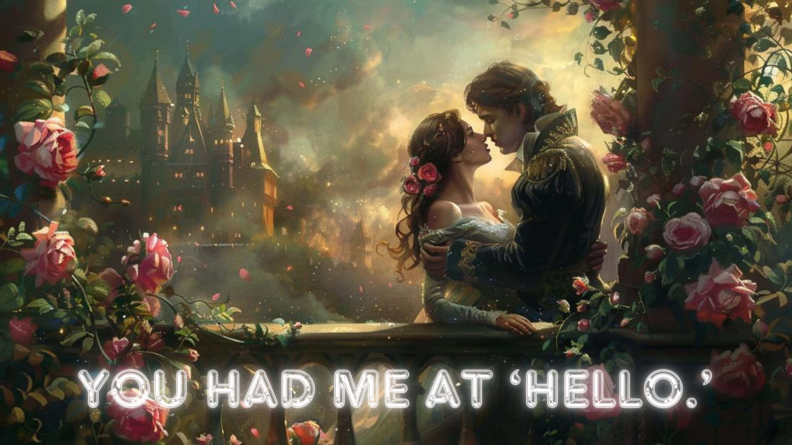 rose archway, castle in the misty background, petals drift down, 2K Desktop Wallpaper